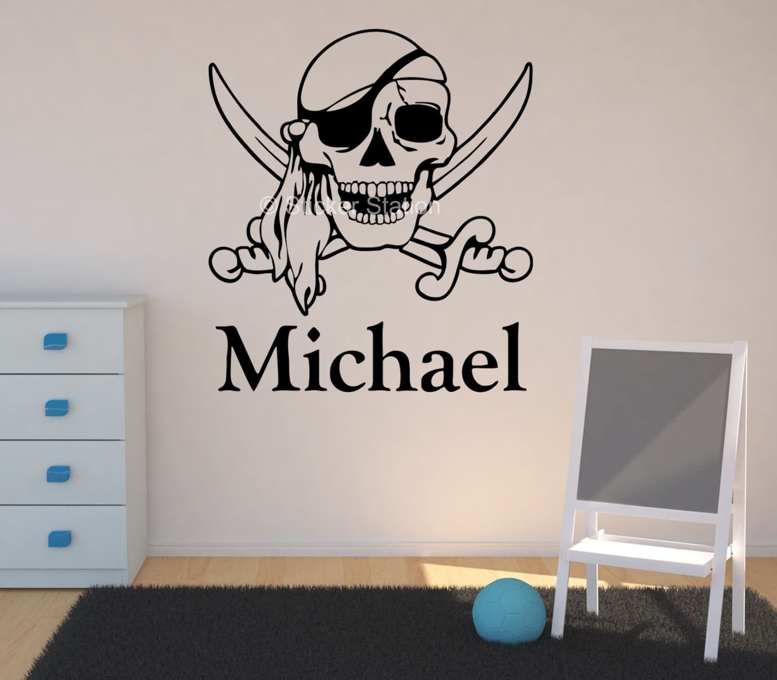 Pirate Skull & Swords Kids Personalised Any Name Wall Art Mural Decal Sticker