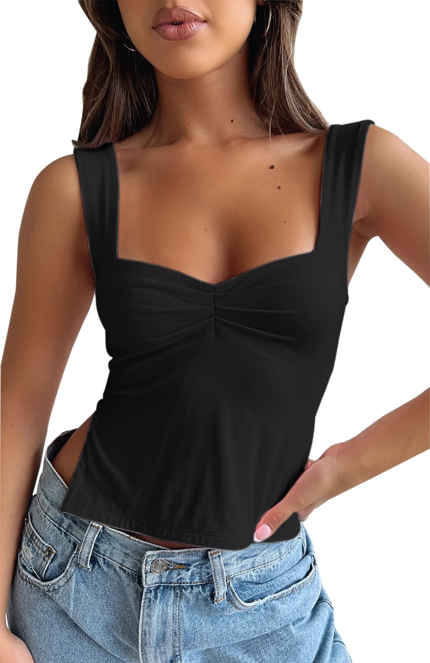 CAPE CLIQUE Sleeveless Strappy Cropped Tank Top Pleated Bustier Sweetheart Going Out Tops for Women Trendy Y2K