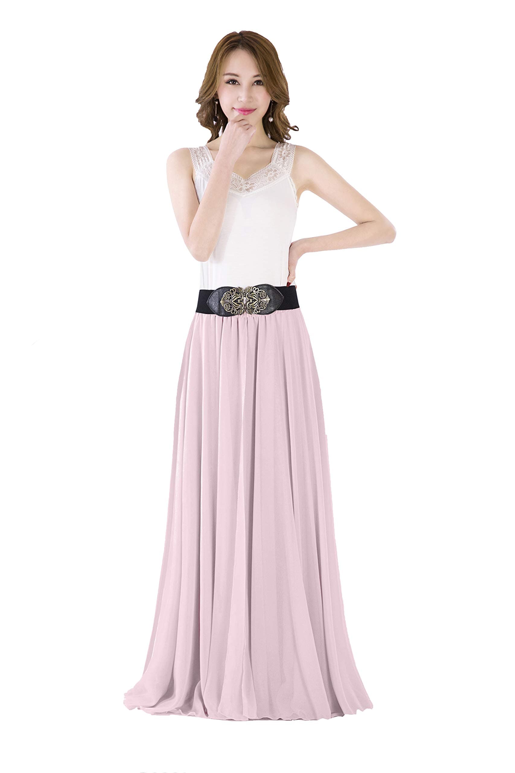 Summer Chiffon High Waist Pleated Big Hem Floor/Ankle Length Beach Maxi Skirt for Women Wedding Party Long Skirts