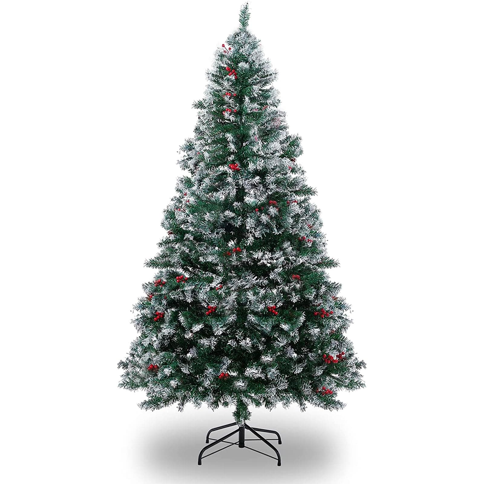 Artificial Christmas Tree, 6ft/180cm Snow Spray Christmas Trees with 1000 Snow Flocked Branch Tips, Red Berries, Metal Stand, Easy Assembly Xmax Tree for Home, Office, Party Decoration