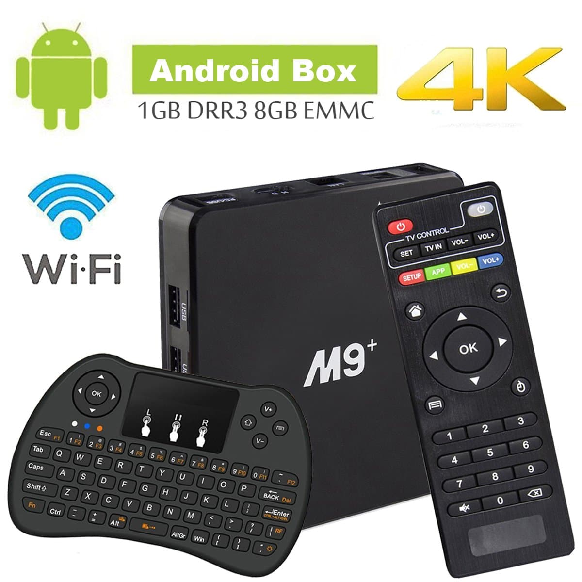 Android TV Box M9 Amlogic S905X Cortex A53 64Bit Wifi 4K UHD H.265 Smart TV Box Quad Core 8GB 1GB, With Mini Wireless Keyboard, Play Games Movies without Freezing and Buffering