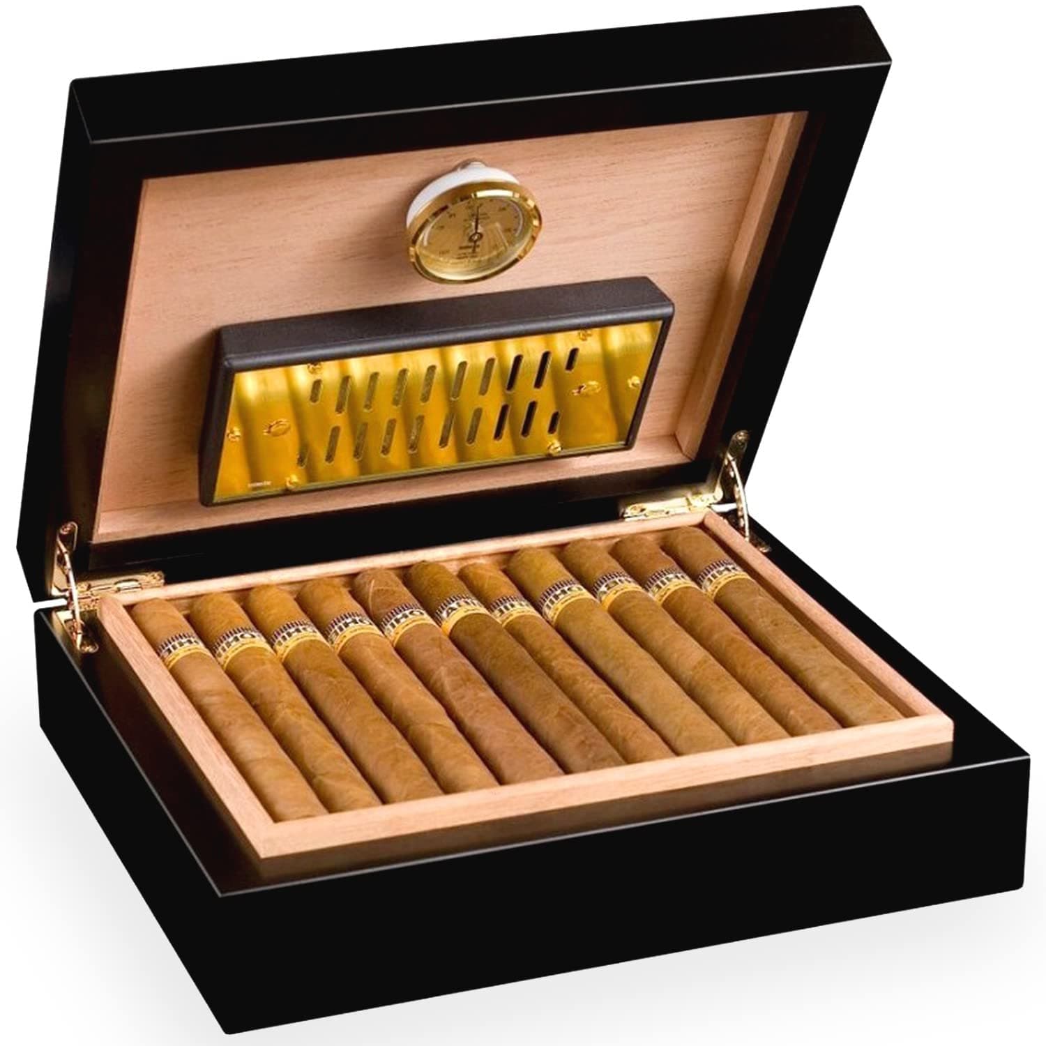 Torino Humidor - Deluxe in Black - High Precision Hair Hygrometer to Store 30 Cigars - Cigar Box to Regulate Humidity