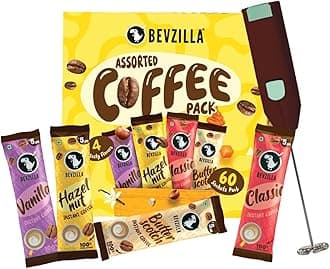 - Bevzilla 60 Flavoured Coffee Sachets With Frother (60X2 Gram) | 15 Pouch Each Flavour | Hazelnut, Vanilla, Classic & Butterscotch | Cafe Coffee Kit