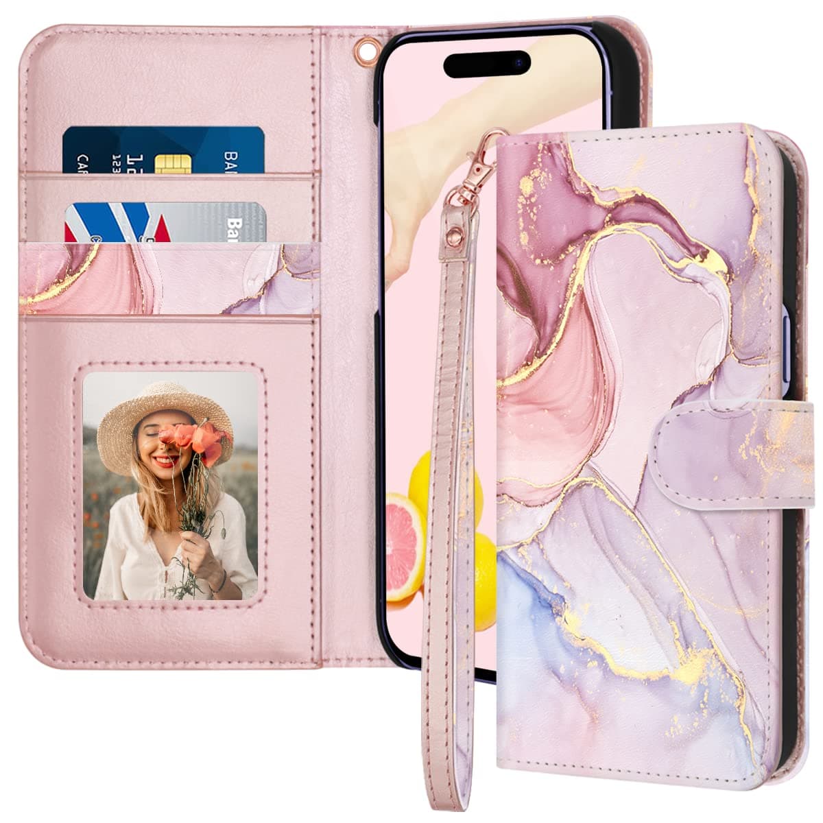 Fingic for iPhone 14 Pro Max Case,for iPhone 14 Pro Max Phone Case Wallet,Marble Rose Gold Leather Magnetic Closure Stand Shockproof PC Bumper Cardslot Protective Flip Case for iPhone 14 Pro Max,2022