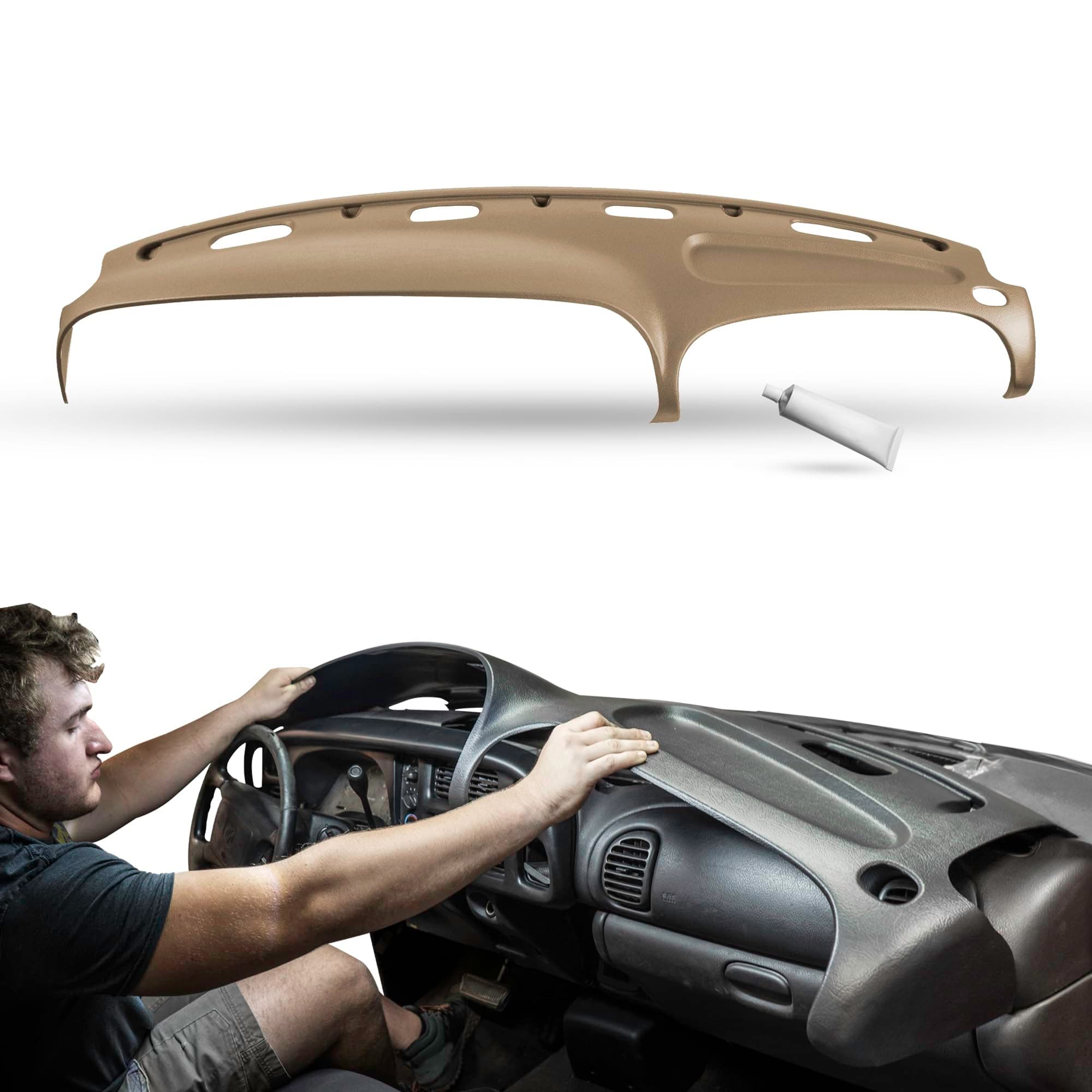 DashSkin Dash Cover Compatible with 1998 1999 2000 2001 Dodge Ram 1500 (98-02 Ram 2500 & 3500) in Camel - Hard Molded Plastic Dashboard Cap