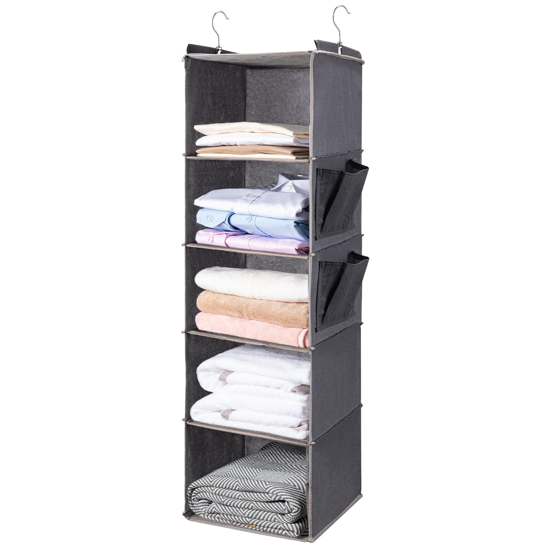 BOOMIBOO Hanging Closet Organize and Shelves，5-Hanging Shelf with 2 Side Pockets，Storage Foldable （Grey）