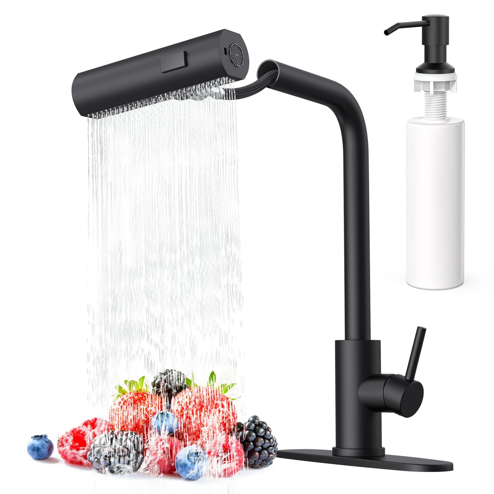 Matte Black Waterfall Kitchen Faucets with Pull Down Sprayer & Soap Dispenser, Single Hole & Handle, Pull Out Tap, Stainless Steel Sink Faucet, Suitable for Farmhouse Camper Laundry Rv Bar