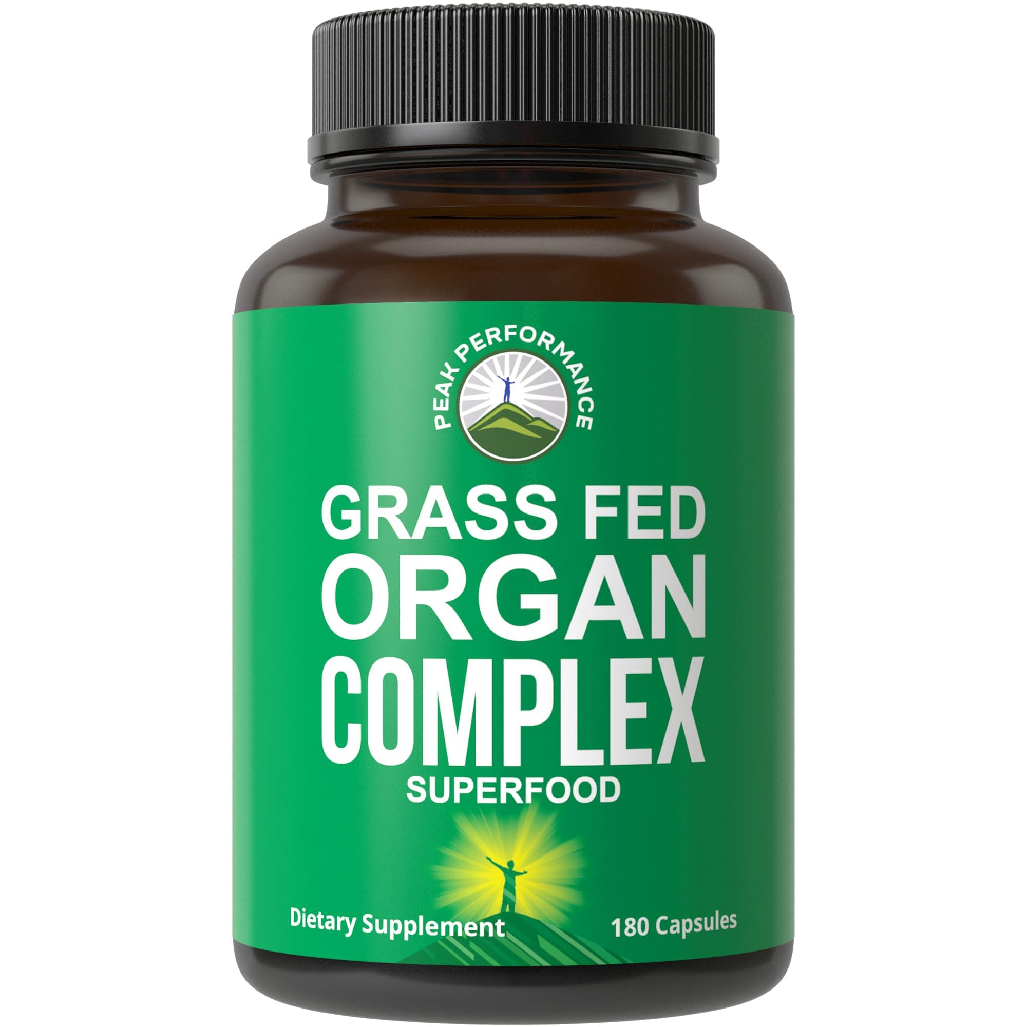 Peak Performance Grass Fed Beef Organ Complex from New Zealand (180 Capsules) Desiccated Organs Superfood Pills. GrassFed Beef Liver Capsules with Heart, Kidney, Pancreas, Spleen. Supplement