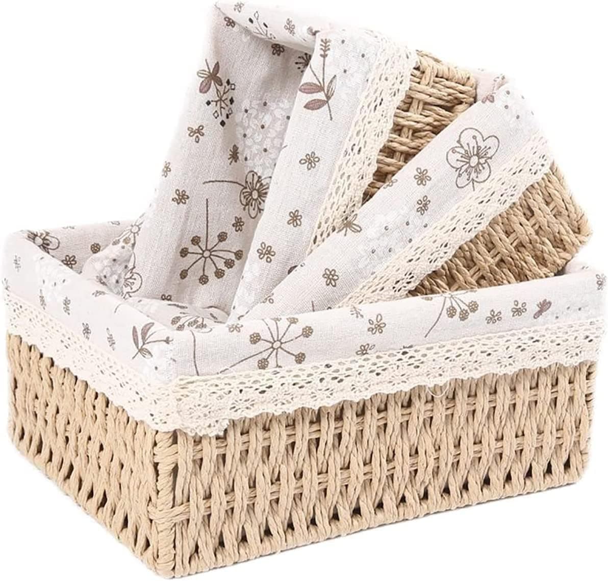 ORCHID M®Set of 3 Macrame Storage Baskets Boho Decor Baskets for Organizing Decorative Paper Rope Woven Storage Basket with Liner Rectangular Empty Gift Basket Countertop Shelves Organizer