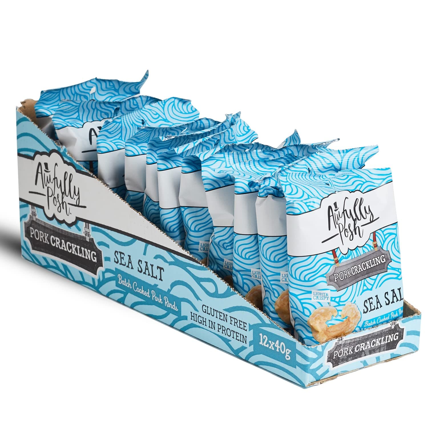 Awfully Posh Sea Salt Pork Crackling (12x40g) | Award Winning Delightfully Crispy & Outrageously Delicious Pork Snacks | High Quality Ingredients | Gluten Free, High in Protein, Keto-Friendly