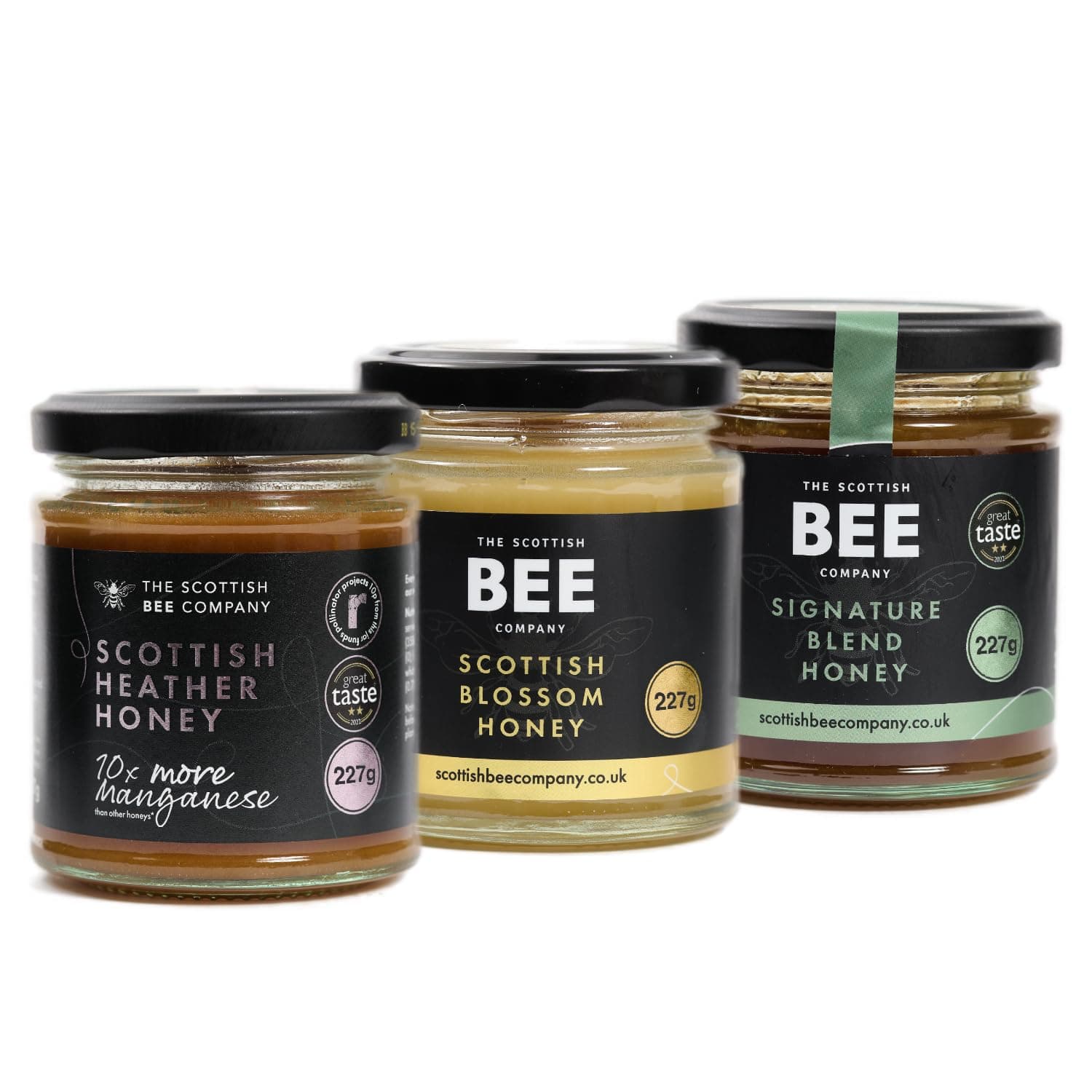 Trio of Honey from The Scottish Bee Company 227g x 3 - Heather, Blossom and Signature Honey - Pure, Natural, Soft Set Honey Made in the UK