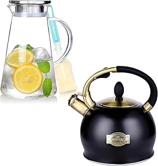 SUSTEASStove Top Whistling Tea Kettle 2.64 Quart((BLACK)) and SUSTEAS 2.0 Liter 68oz Glass Pitcher with Lid
