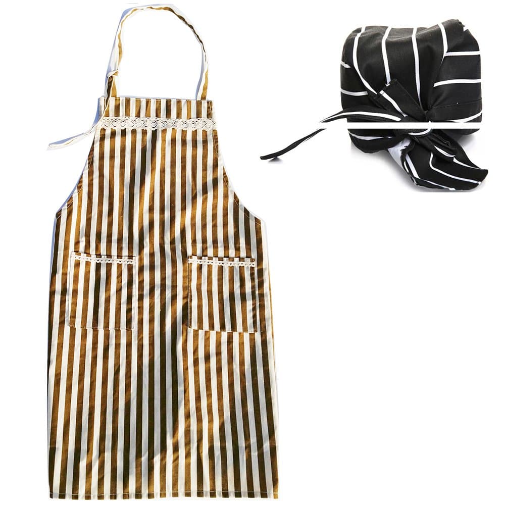 Garden Aprons with Pocket, Khaki and White Striped Navy Wind Chef Apron for Men and Women and one Pirate Chef Hat (Khaki)