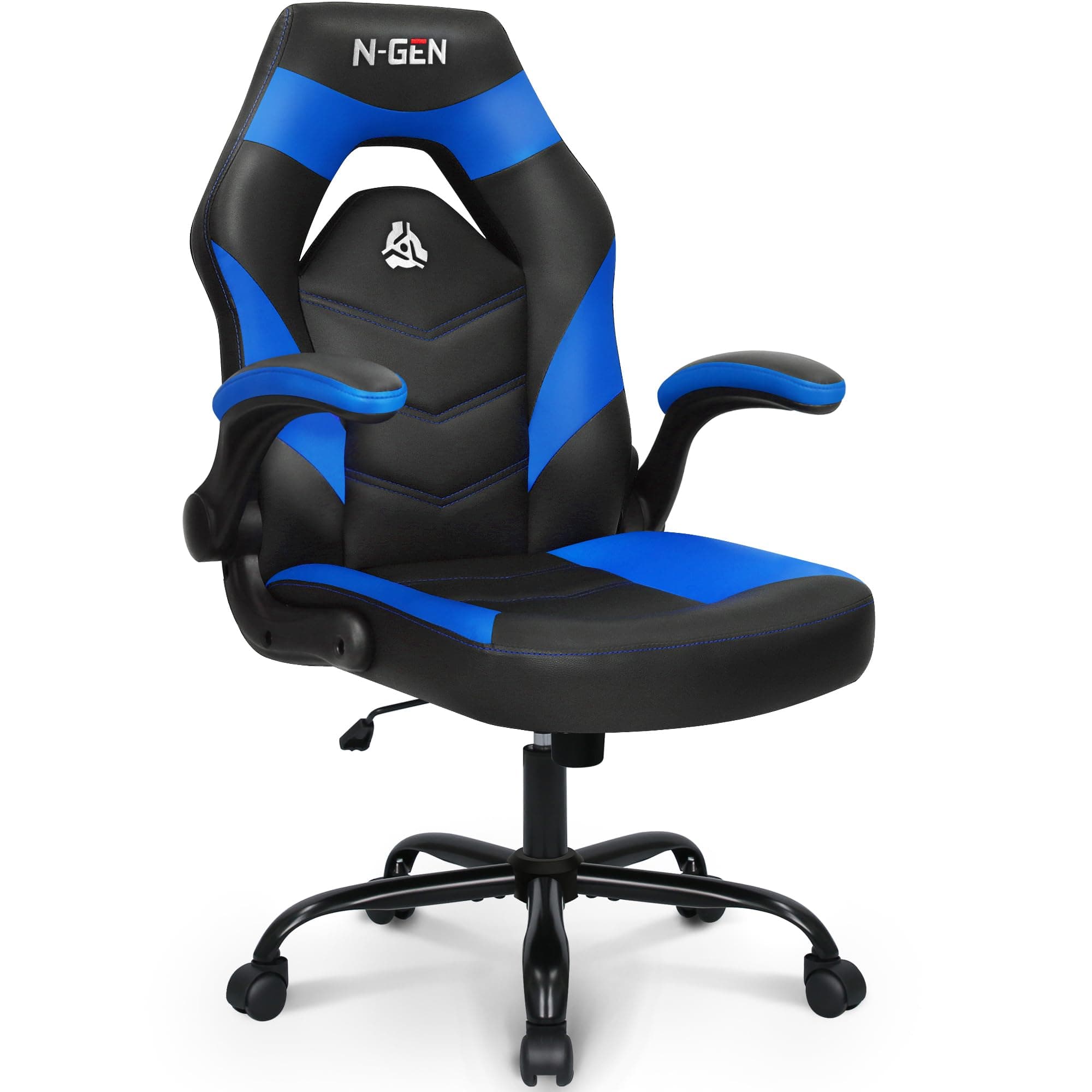 N-GEN Video Gaming Chair Ergonomic Computer Desk Office Chair with Lumbar Support Adjustable Height Swivel Wheels Flip-Up Arms PU Leather Home and Office (Blue)