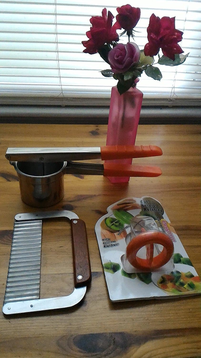 Potato Masher Ricer, Wavy Crinkle Cutter, Peeler and Grater Set - Make French Fries, Mashed Baby Food, Fruit and Veggie Juices Easily (Potato Ricer, Wavy Crinkle Cutter and Free Kiwi cutter)