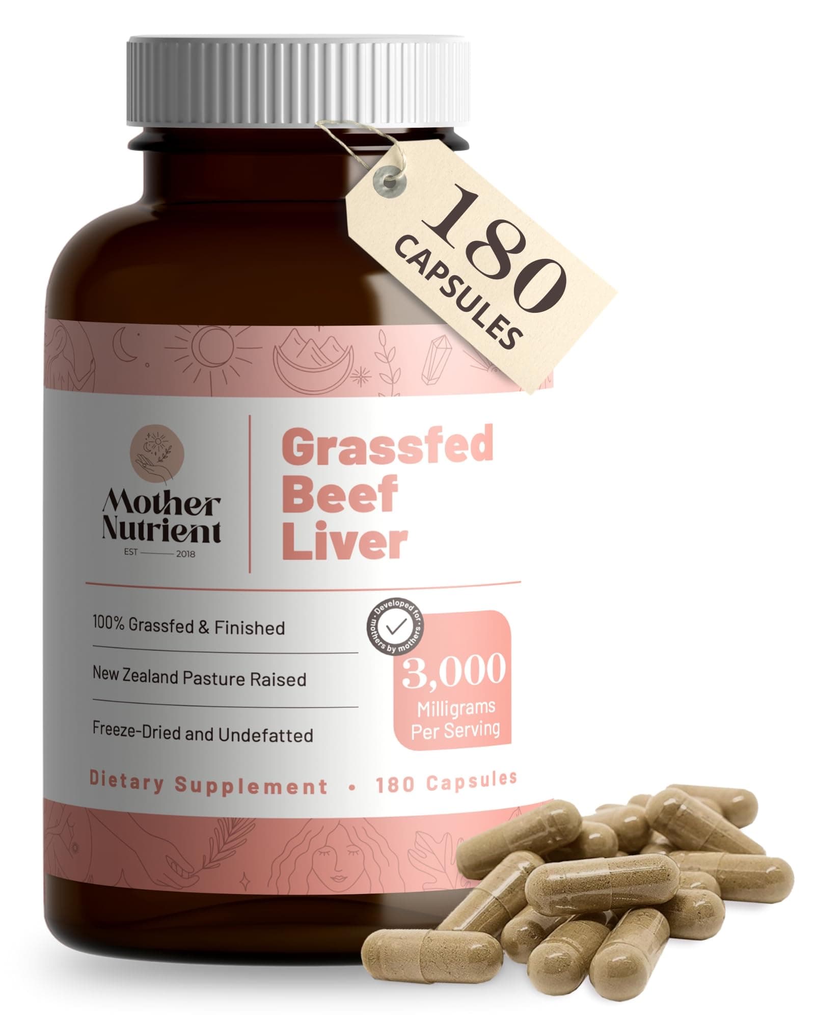 Mother Nutrient Grass Fed Beef Liver Capsules Sourced from Pasture-Raised Beef in New Zealand — Vitamins A and B12 w/Iron, Protein, and More - 45-Day Supply-180 Capsules