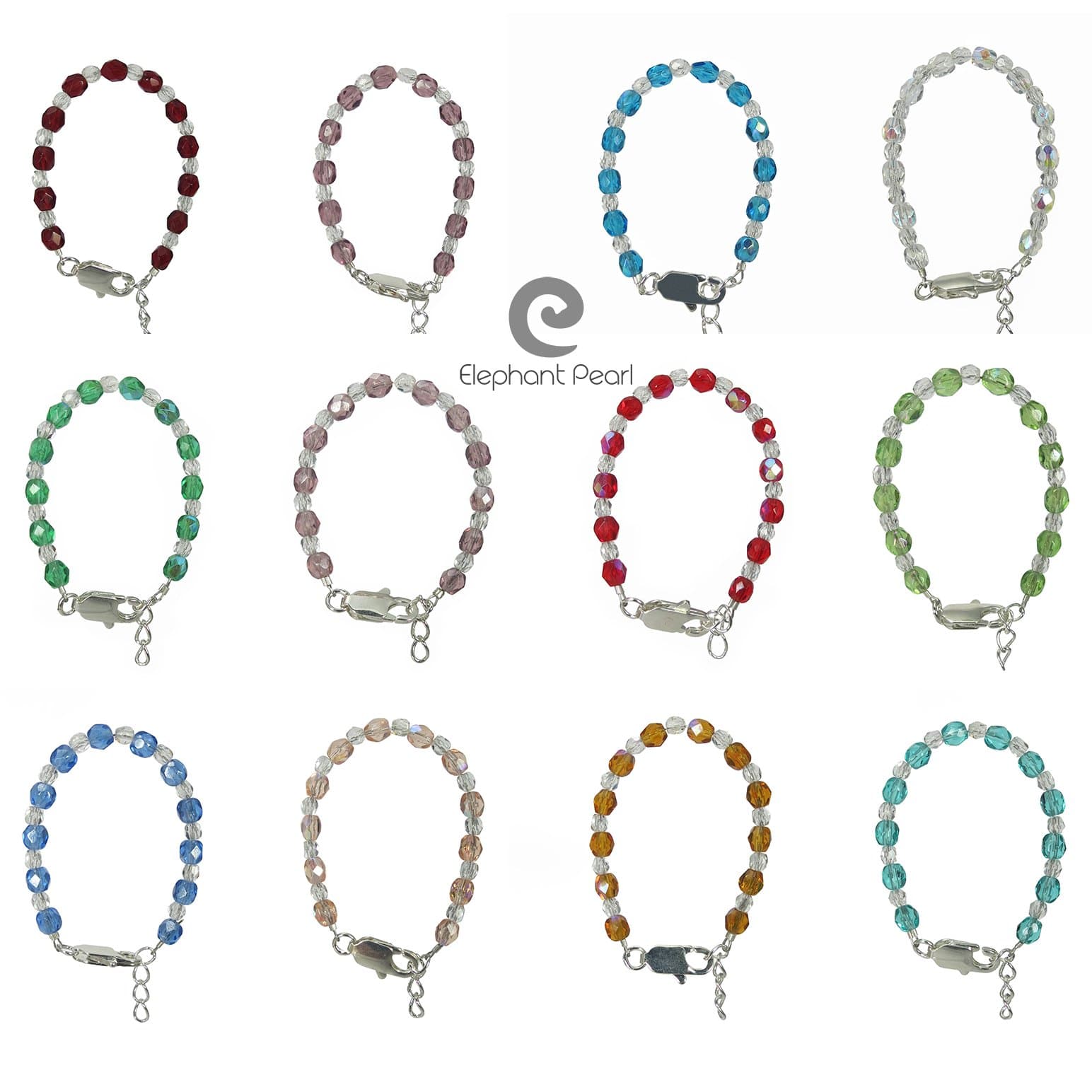 Elephant Pearl Baby Beaded Bracelet, Birthstone Colored Variations 4.5" (0-12 Months) Baby Bracelet
