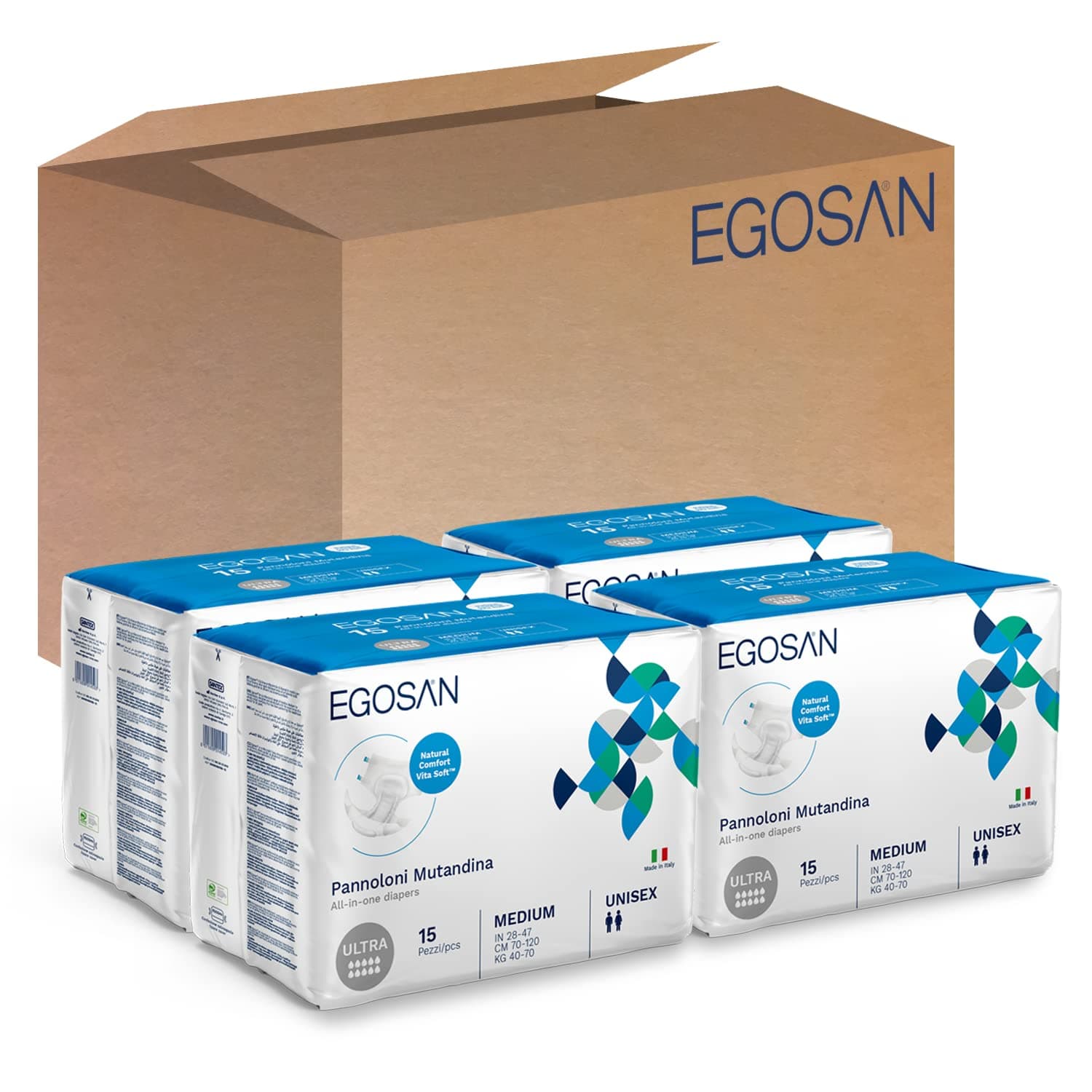 Egosan Ultra Incontinence Disposable Adult Diaper Brief Maximum Absorbency and Adjustable Tabs for Men and Women (Medium Case, 60-Count)