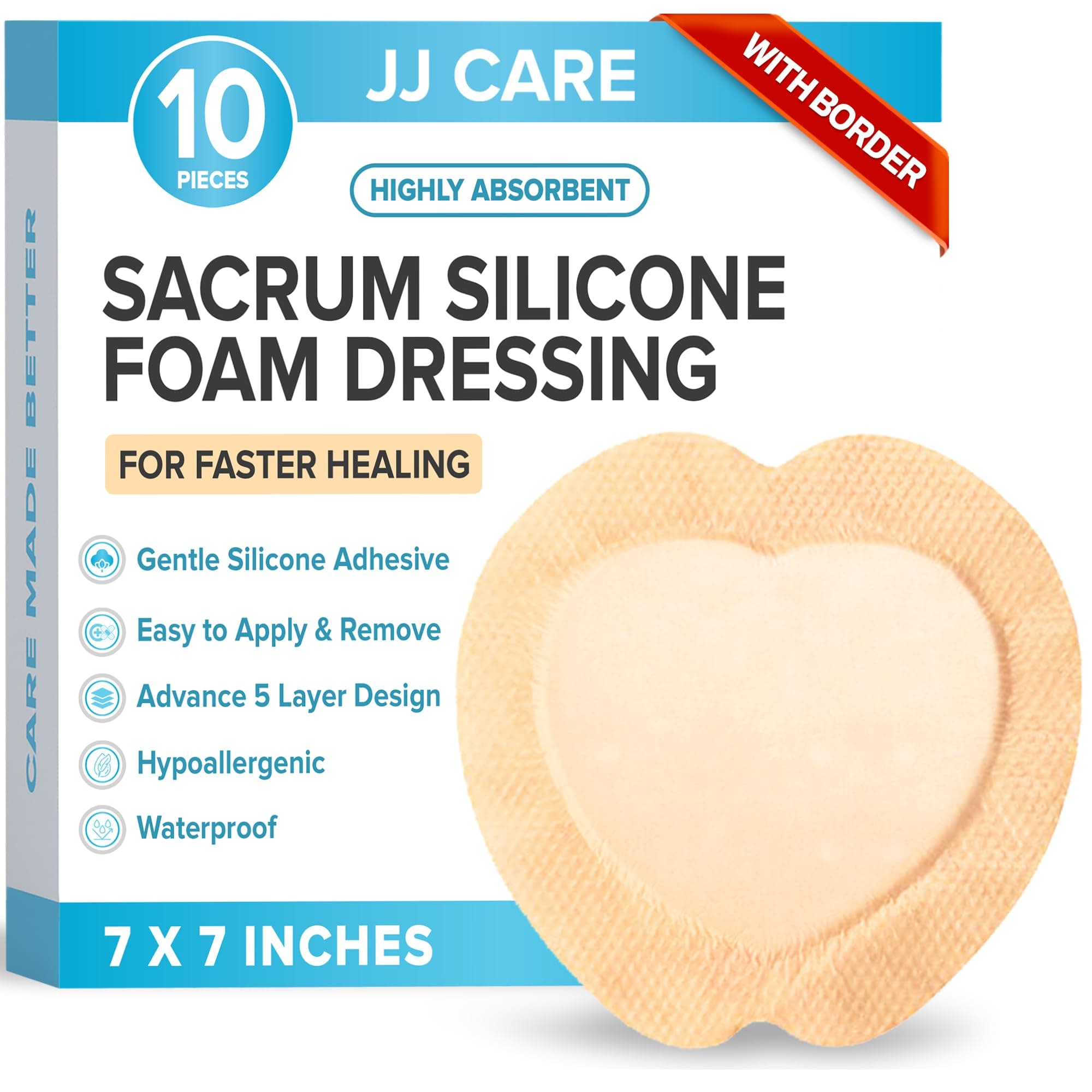 JJ CARE Silicone Foam Dressing [Pack of 10], 7x7 Sacrum Silicone Foam Dressing with Border, Absorbent Bandages with Showerproof Adhesive