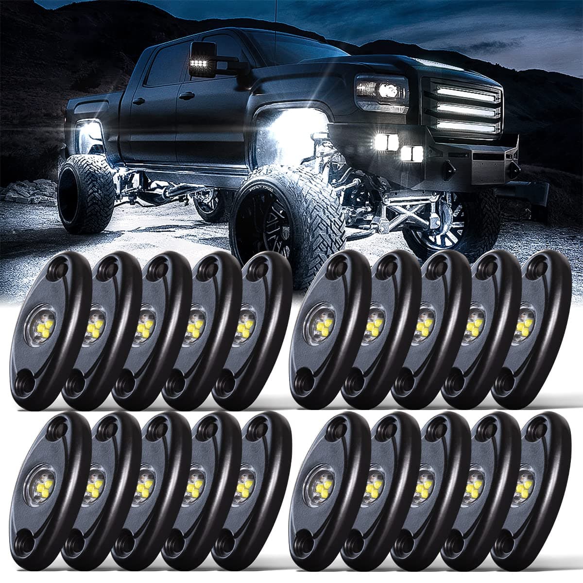 White Rock Lights,LEDMIRCY High Power Underbody Pure White LED Rock Lights for UTV Trucks Off Road RZR Auto Car Boat ATV SUV Waterproof High Power Neon Trail Rig Light Shockproof Pack of 20
