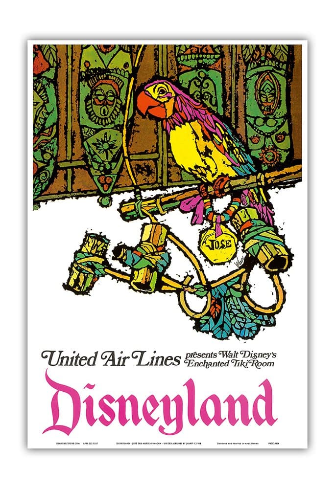 Disneyland - Walt Disney's Enchanted Tiki Room - José The Mexican Macaw - United Air Lines - Vintage Airline Travel Poster by James Jebavy c.1968 - Master Art Print 13in x 19in