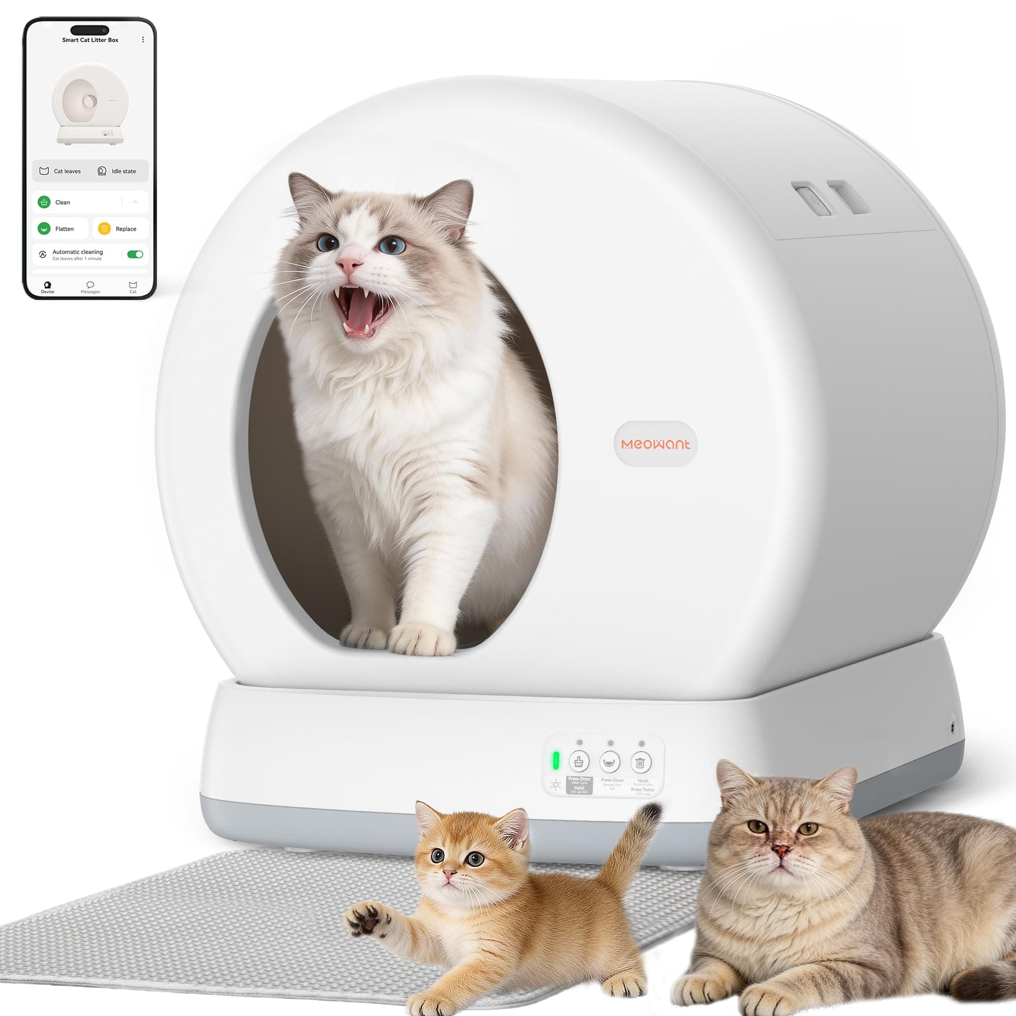 Self-Cleaning Cat Litter Box, Integrated Safety Protection Automatic Cat Litter Box for Multi Cats, Extra Large/Odor Removal/APP Control Smart Cat Litter Box with Mat & Liner