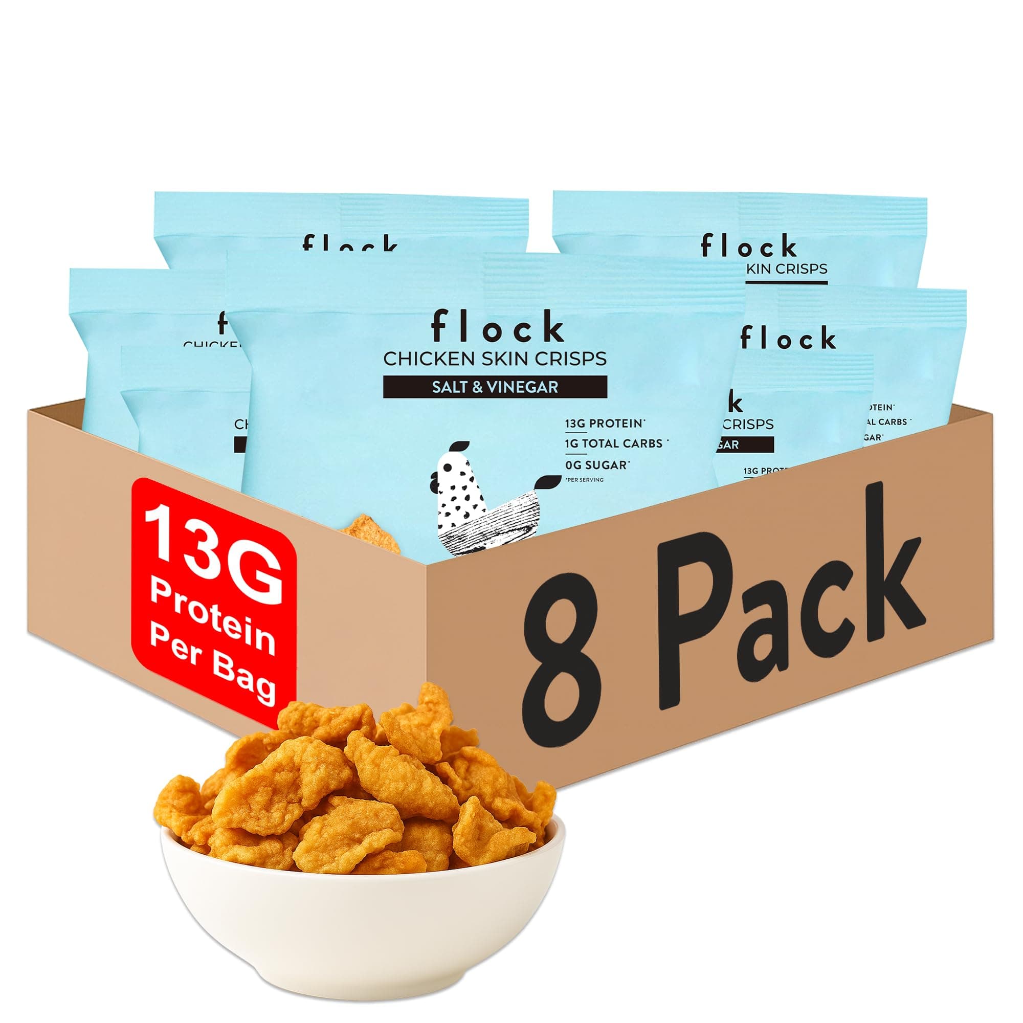 Flock Keto Chicken Skin Chips | Salt and Vinegar Flavor Flavor | Low Carb, High Protein, Sugar Free, Gluten Free Fried Chicken Skins for People | (1oz) 8-Pack Crispy Flock Chips