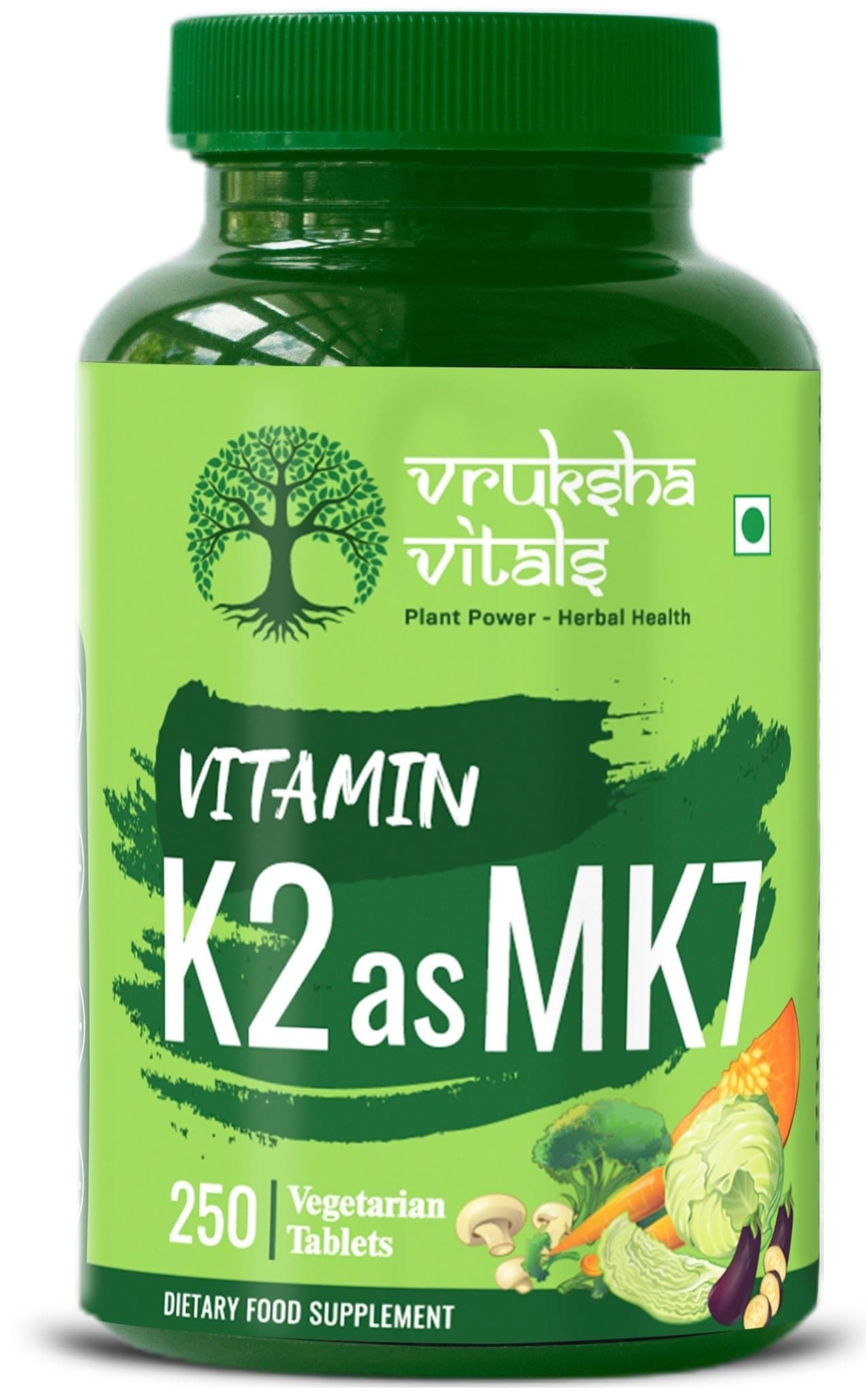 Vruksha Vitals Vitamin K2 as MK7 55mcg per Tablet - 250 Tablets - Plant Based Vegan Vitamin K Capsules/Tablets Supplement