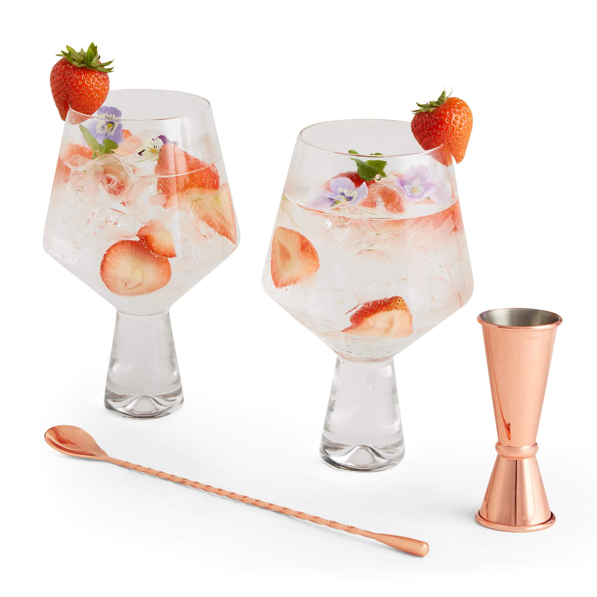 VonShef Gin Glass Gift Set - 2 685ml Balloon Glasses with Rose Gold Stainless Steel Double Jigger/Shot Measure & Bar Spoon - Copa de Balon G&T Glasses