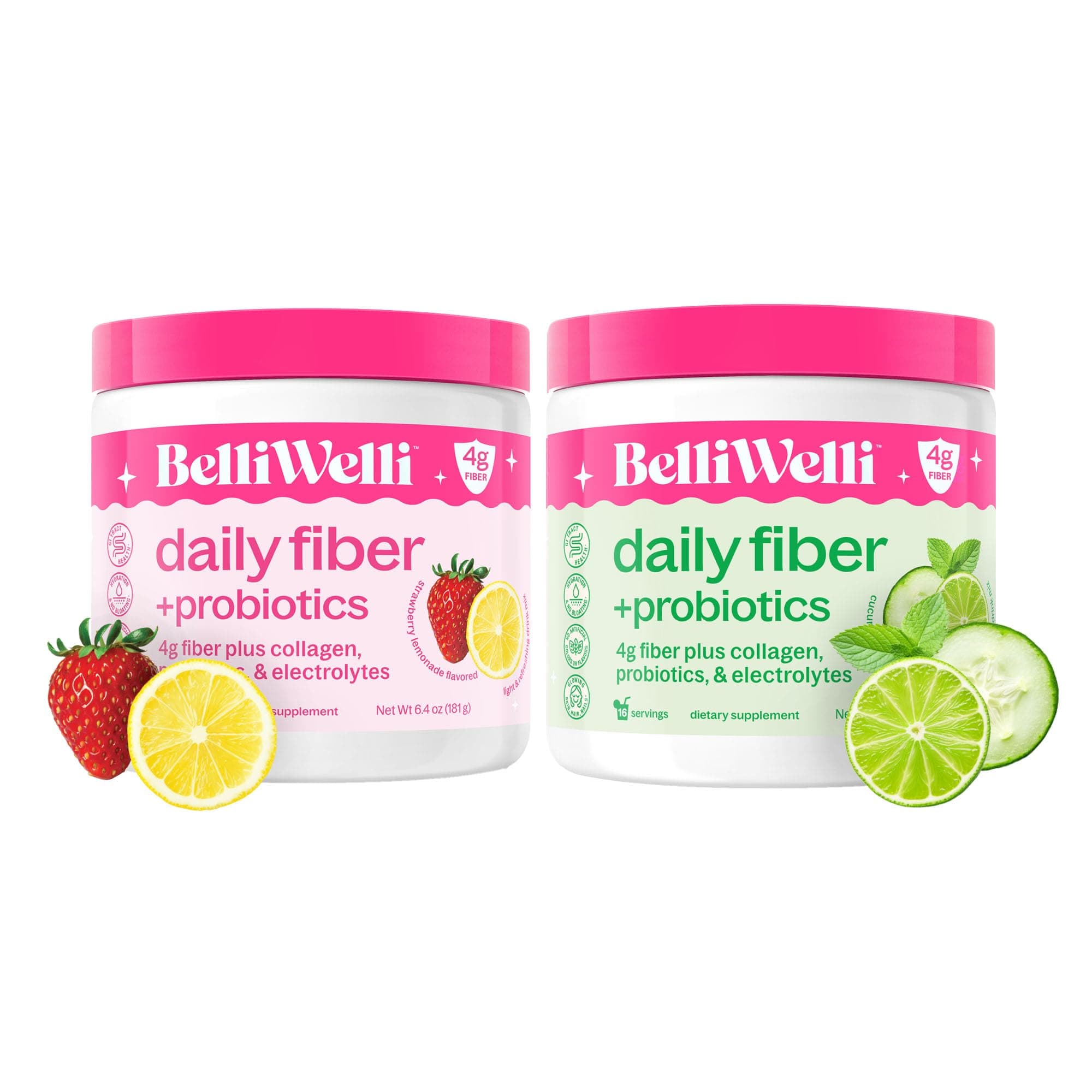 Belli Welli Daily Fiber Supplement Duo - Strawberry Lemonade & Cucumber Lime Mint - with Collagen, Probiotics & Electrolytes - Refreshing Flavors for Balanced Wellness - 32 Total Servings