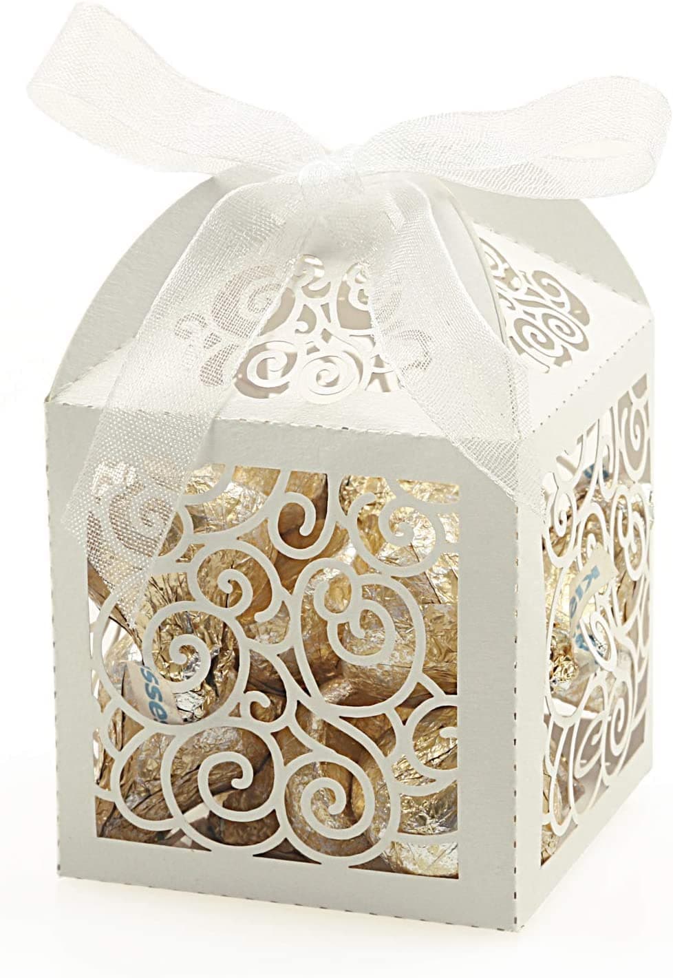 THMINS 100 Pack Wedding Favor Boxes Laser Cut Boxes Party Favor Box Small Gift Boxes Lace Candy Boxes for Wedding Bridal Shower Baby Shower Birthday Party Anniverary with Ribbons