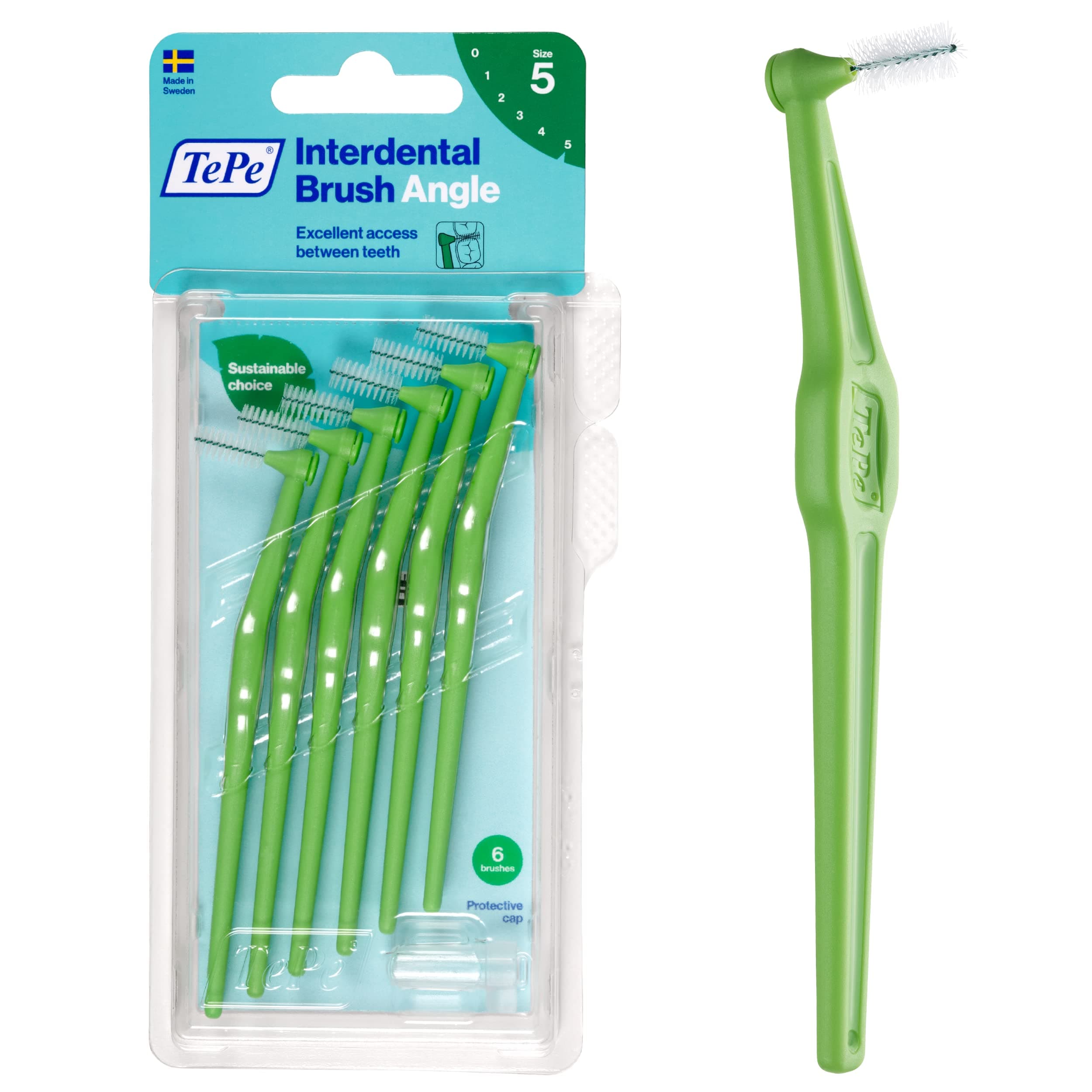 TEPE Interdental Brush Angle, Angled Dental Brush for Teeth Cleaning, Pack of 6, 0.8 mm, Large Gaps, Green, Size 5