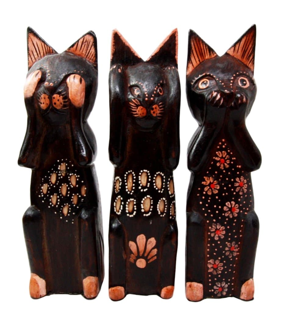 Balikraft Hand Made Wood Artisans "Kucing Sipit" See Hear Speak No Evil Coastal Feline Cats Set of 3 Decorative Figurines 6"H