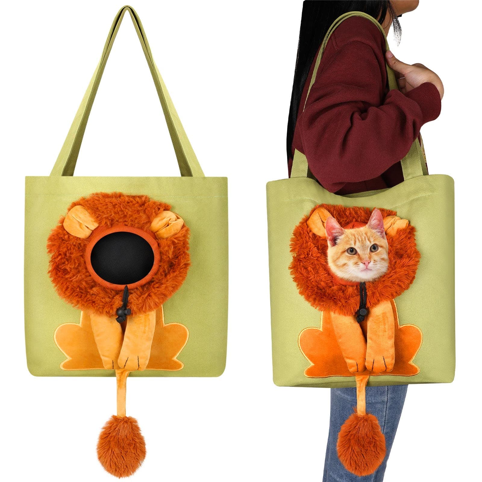 Cunno Pet Canvas Shoulder Bag Lion Shaped Cute Cat Carrier Handbag Portable Carrying Dog Tote Bag for Small Animal Supplies Outdoor Travel(Green)