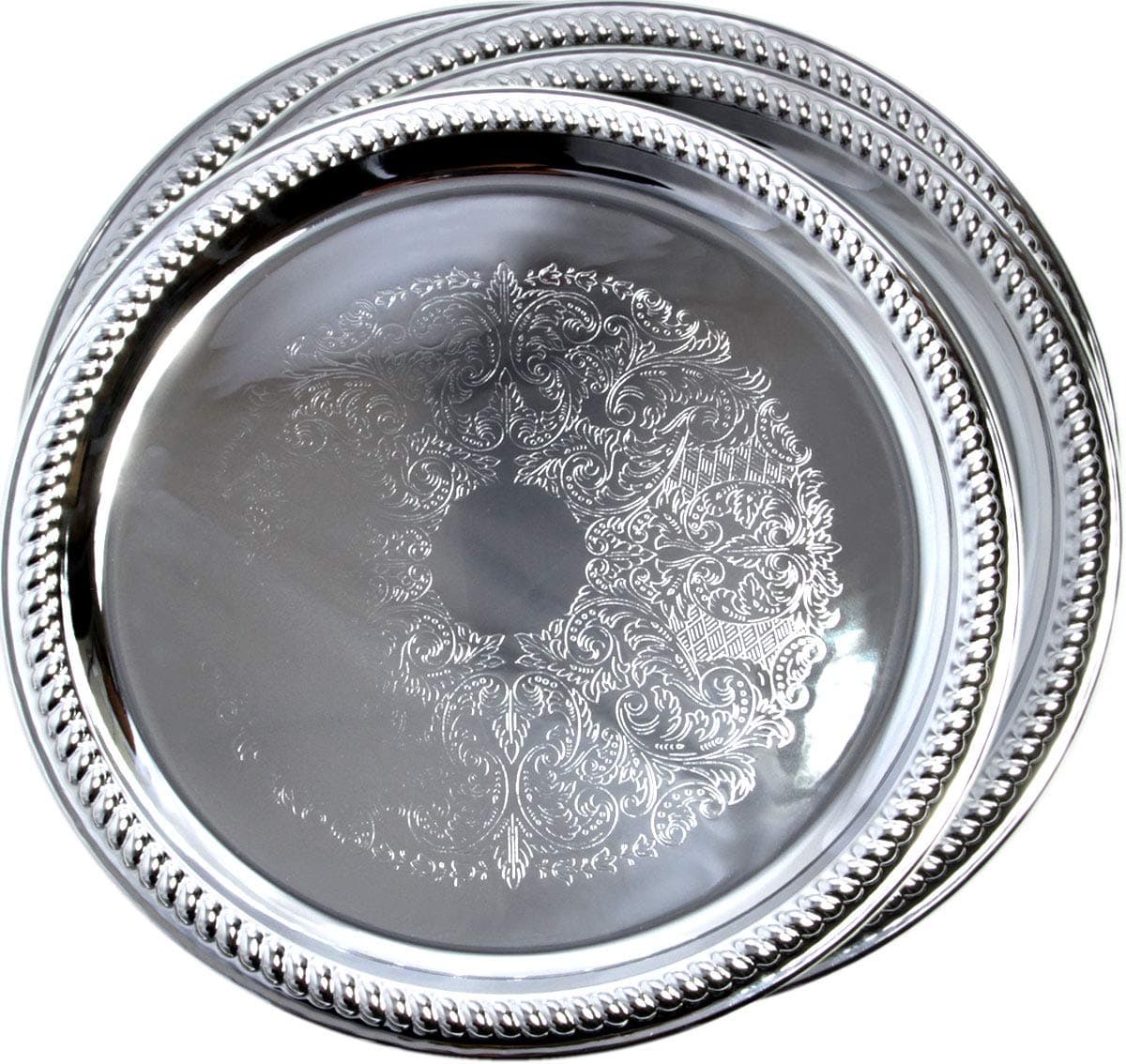 Maro Megastore (Pack of 4) Traditional Round Floral Pattern Engraved Catering Chrome Plated Serving Tray Mirror Plate Silver Metal Platter Tableware Wedding Birthday (Extra Large) T139 (4-Pack (14"))