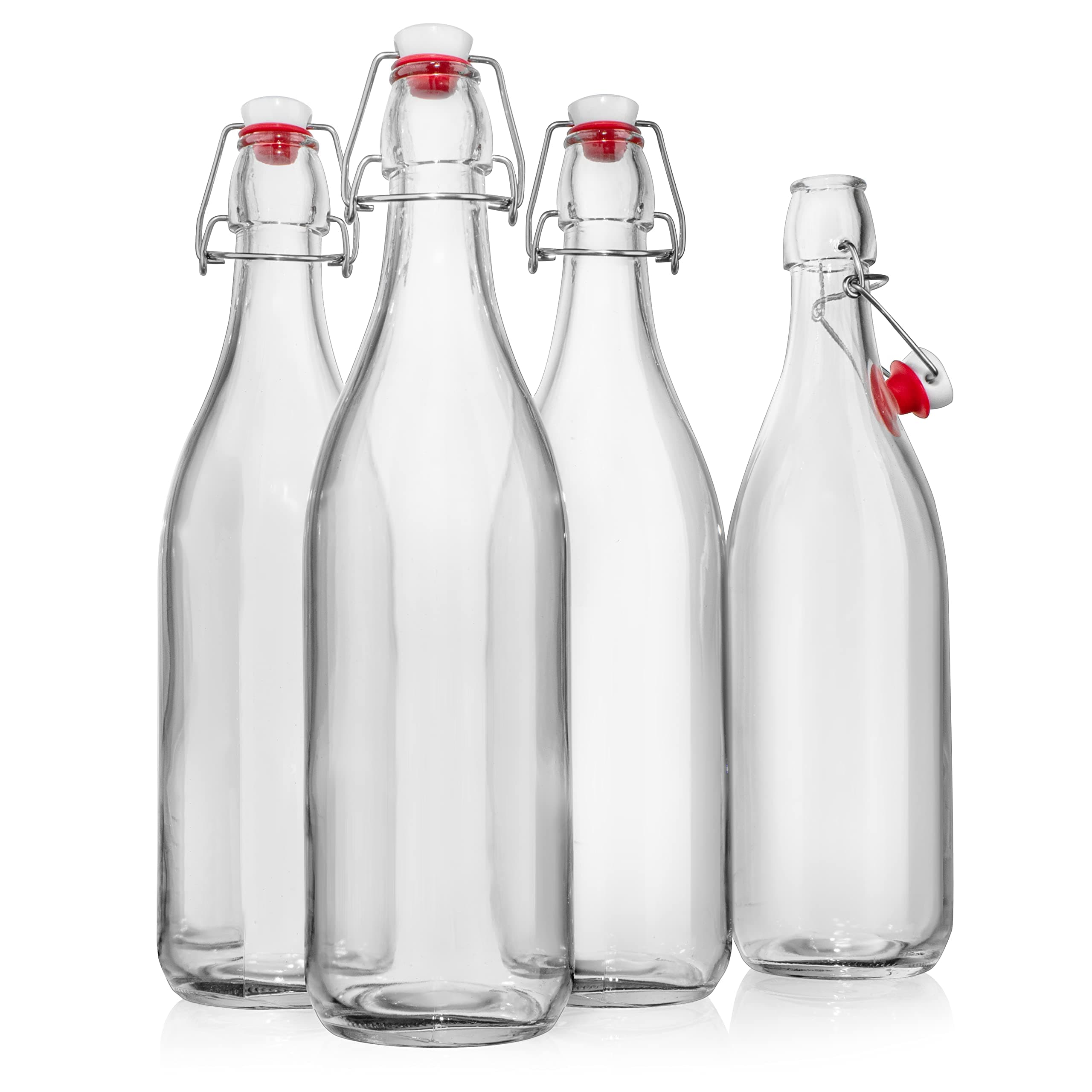 WILLDAN Giara Glass Bottle with Stopper Caps, Set of 4-33.75 Oz Carafe Swing Top Glass Bottles for Beverages, Oils, Kombucha, Kefir, Vinegar, Leak Proof Caps & Airtight Lids