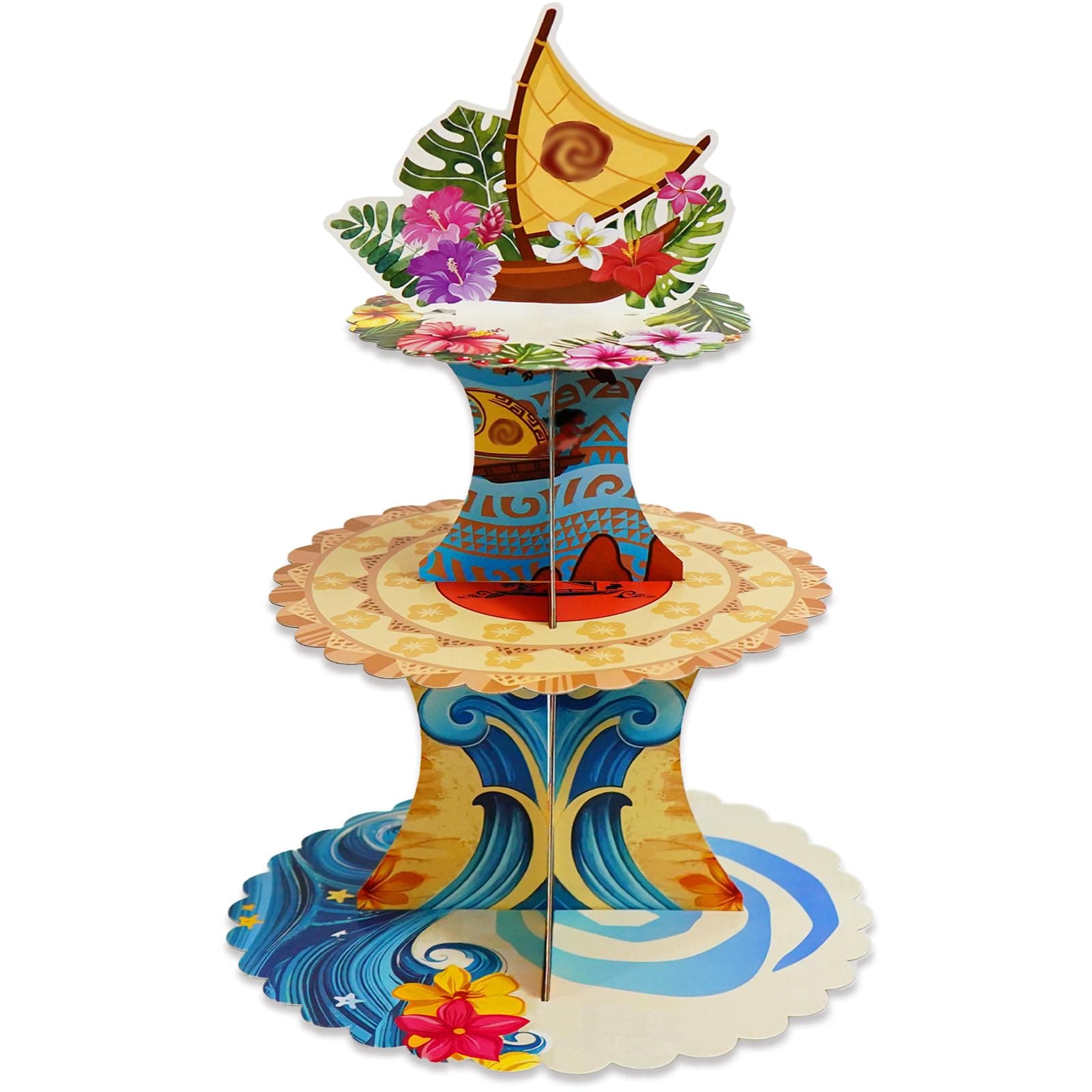 Tropical Hawaiian Birthday Cupcake Stands, Cartoon Movie Theme 3 Tier Paper Cupcake Rack Tropical Flower Party Decorations for Baby Shower Boys Girls Birthday Party Supplies (Fantasy Style)