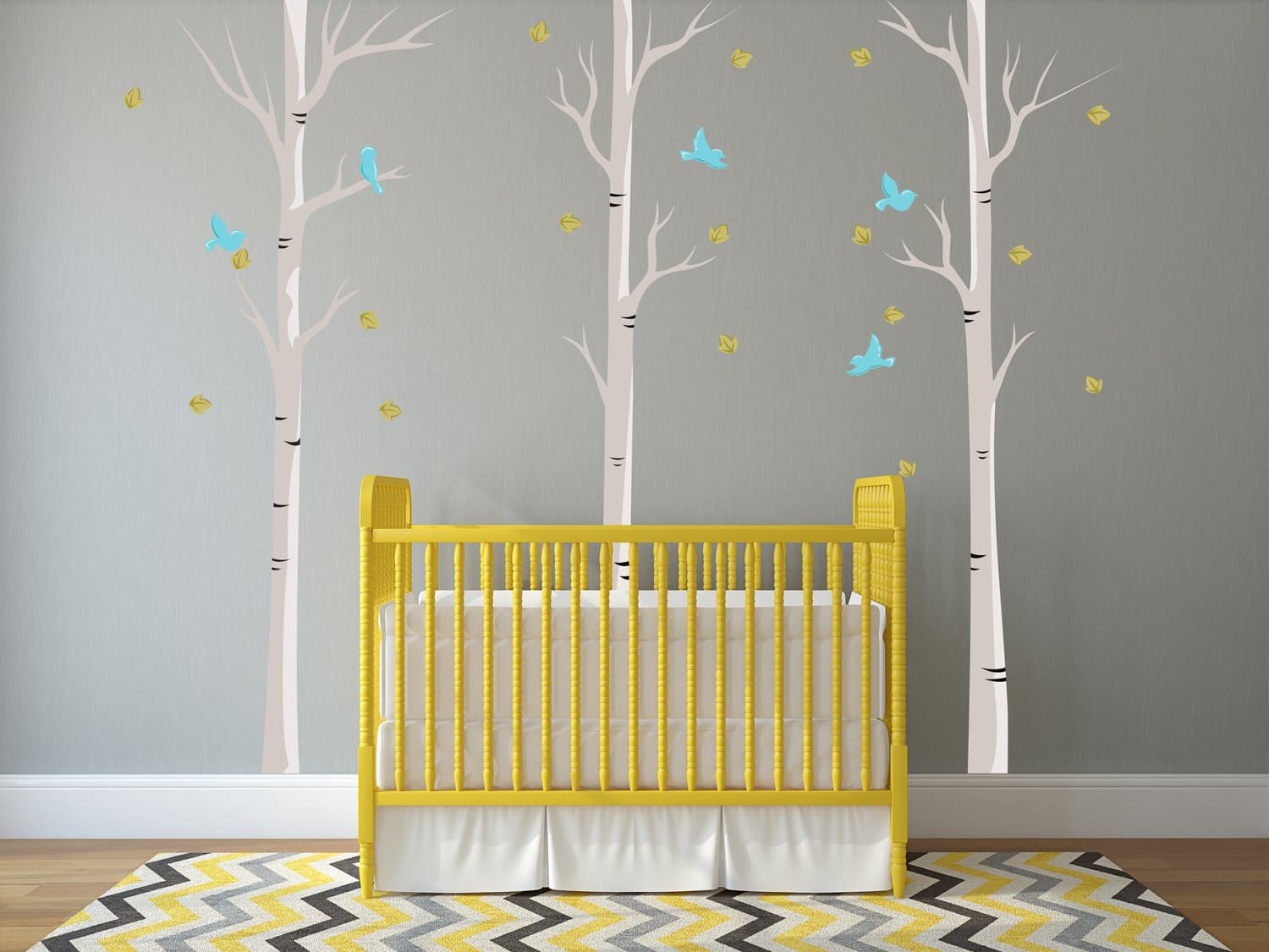 Birch Trees Fabric Wall Decals with Birds and Leaves, Set of 3 Birch Trees, Reusable, Repositionable, Non Toxic, by Sunny Decals
