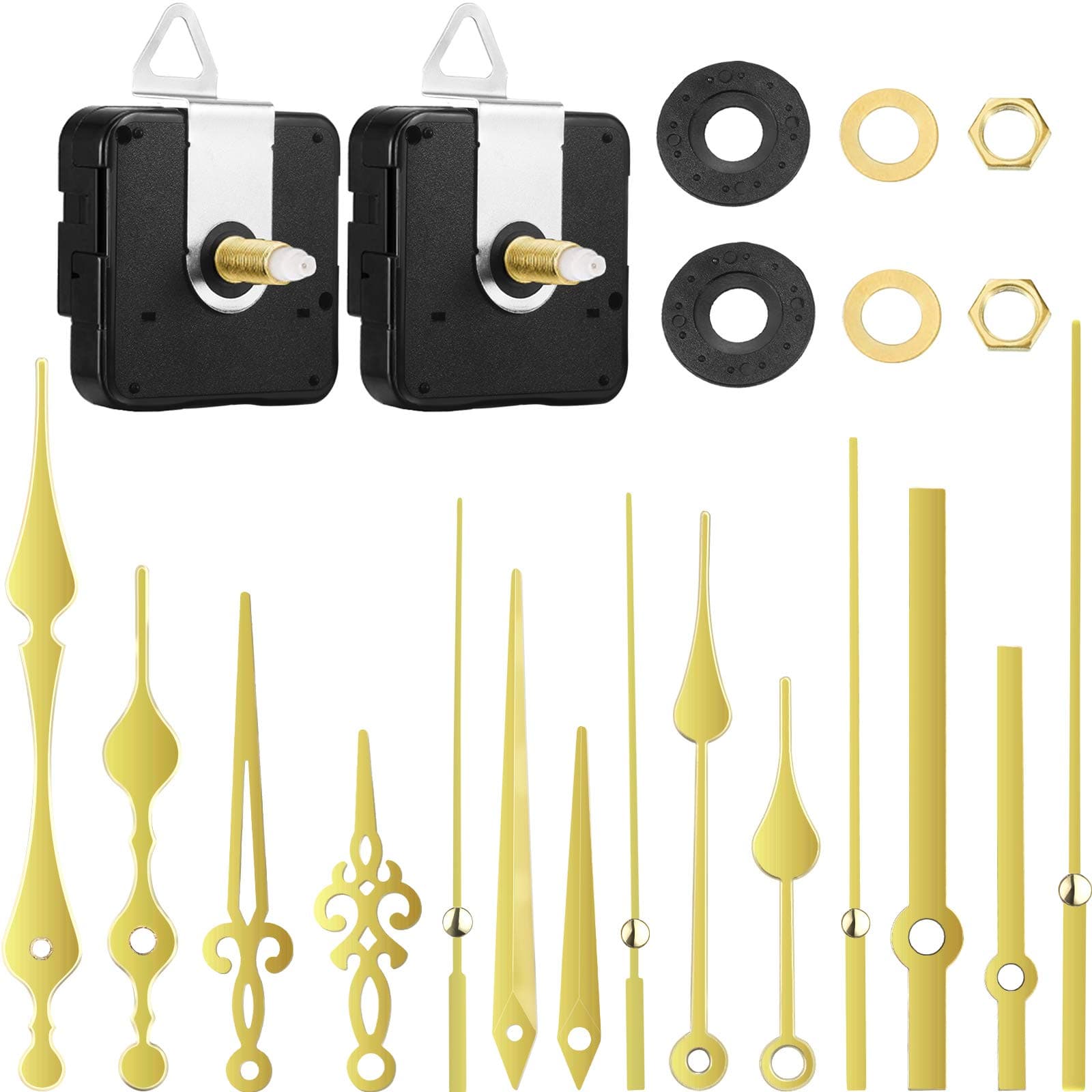 Mudder 2 Pcs Clock Mechanism High Torque Quartz Long Shaft Movement with 5 Pairs Gold Different Hands Replacement Battery Operated Clock Kit Repair Parts