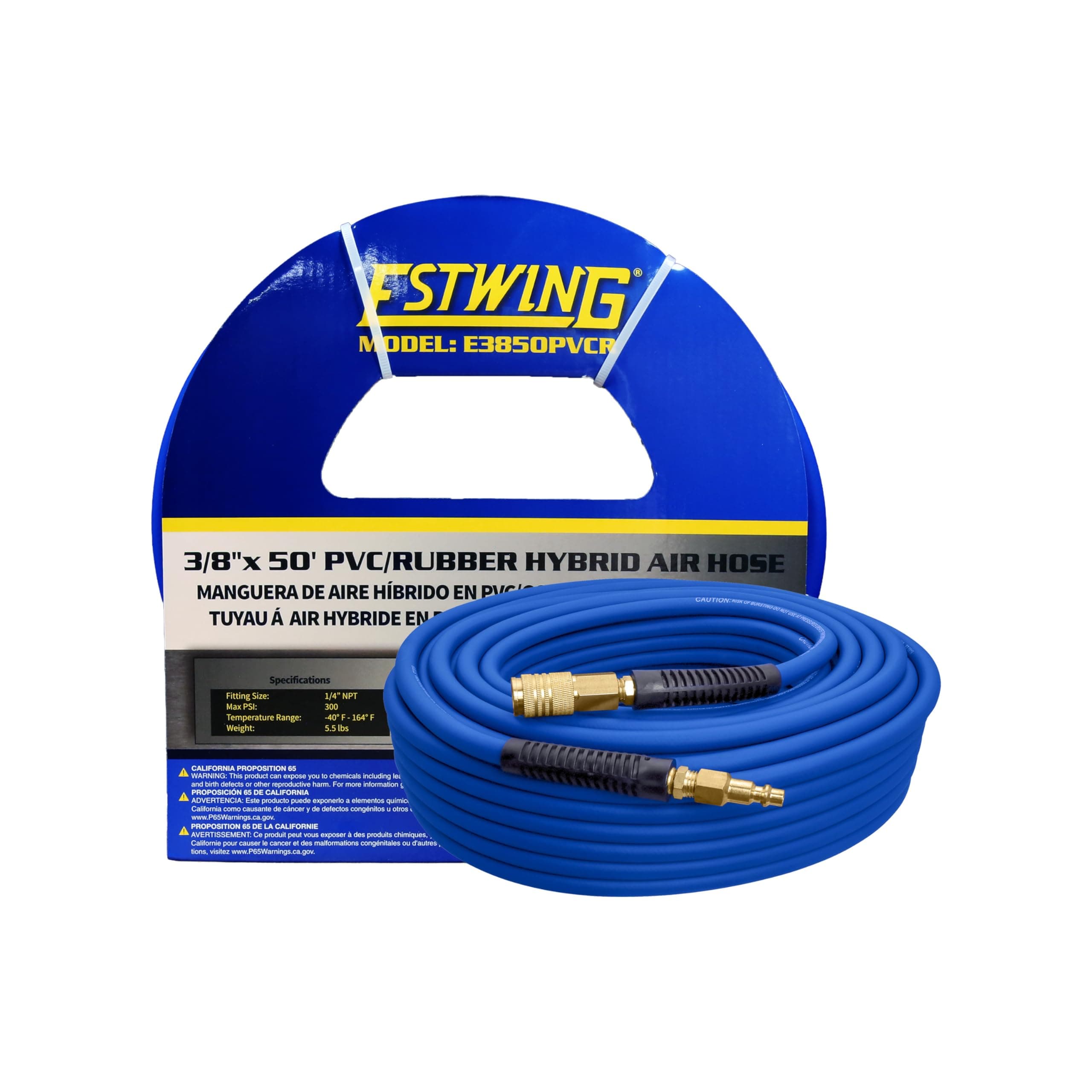 Estwing E3850PVCR 3/8" x 50' PVC/Rubber Hybrid Air Hose with 1/4" Brass Fittings, Blue