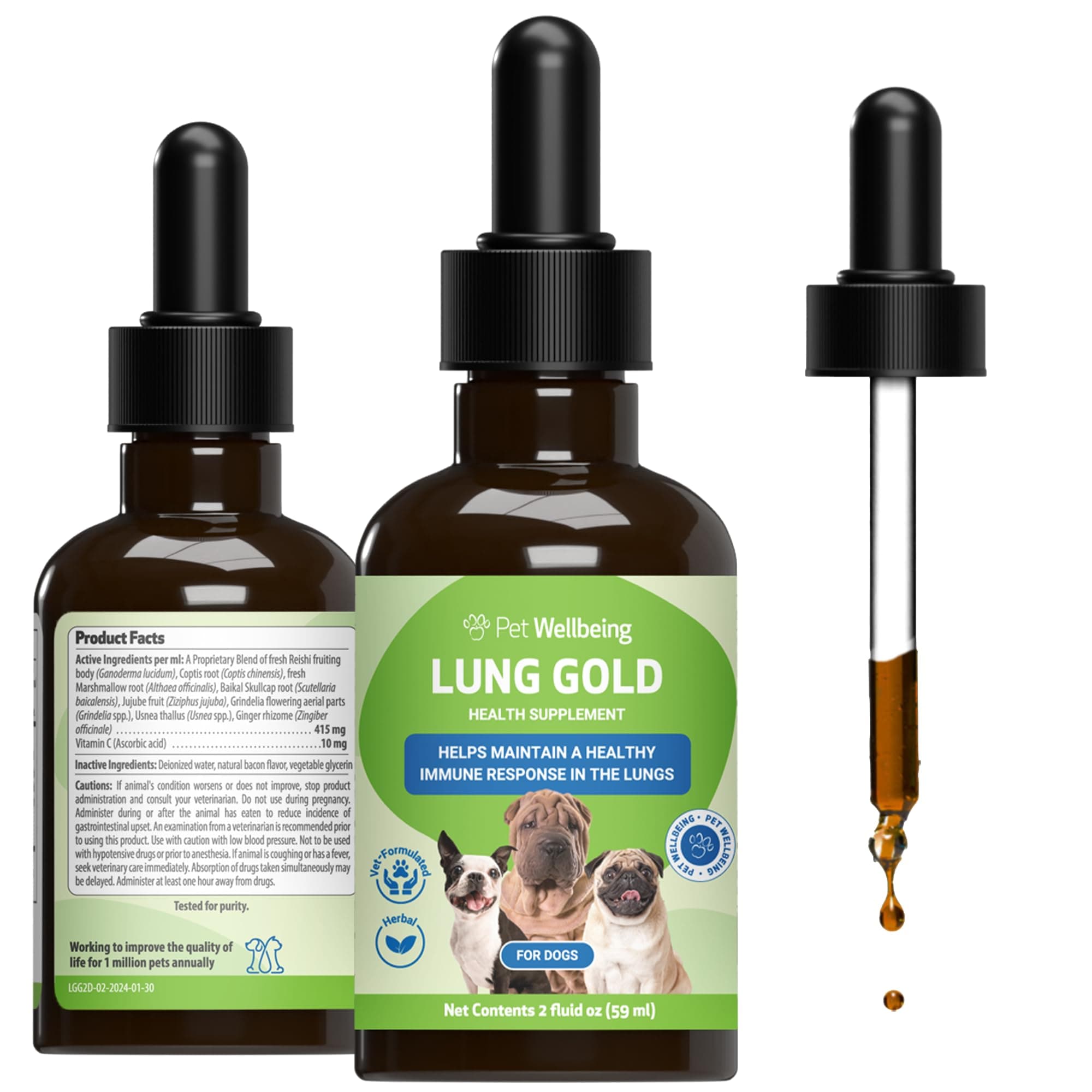 Pet Wellbeing Lung Gold for Dogs - Respiratory Support for Canine Lungs, Healthy Immune Defenses, Lower Respiratory Tract - NASC Certified & Vet-Formulated - 2 oz Liquid