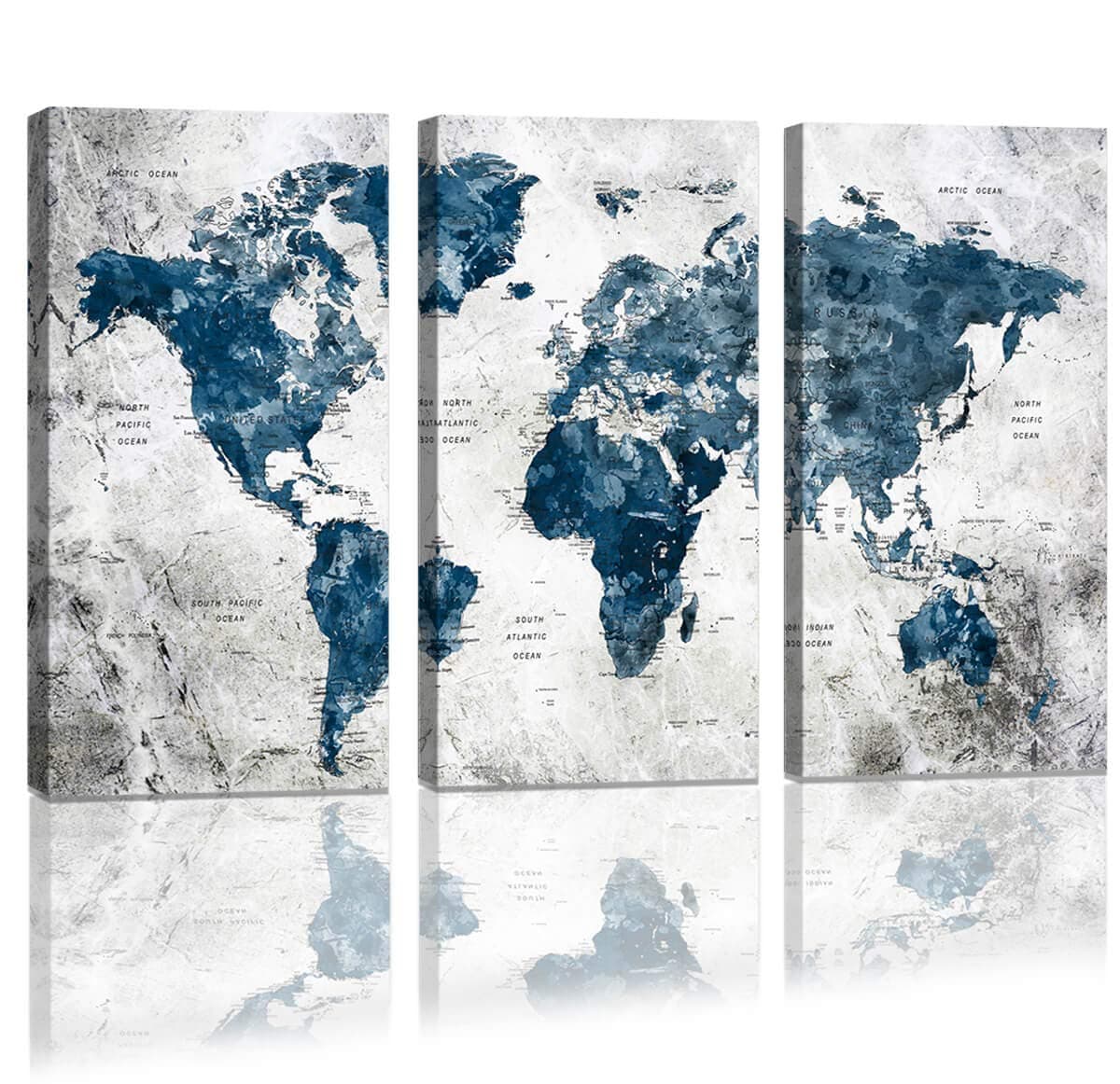 Framed Wall Art Map of the world Watercolor Abstract World Map Wall Decal Large Office Canvas Wall Art Painting for Bedroom Wall Decoration for Living Room 3 piece Blue Artwork for Walls 16x32inch