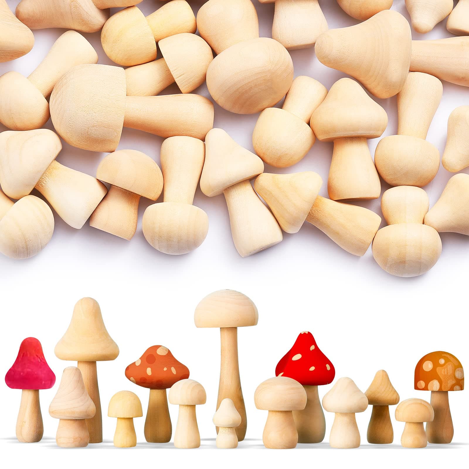 Vicenpal 40 Pcs Unfinished Wooden Mushroom Natural Wood Mushrooms for DIY Crafts and Arts Paint Color Ornaments for Christmas Home Desk Bookshelves Decorations Gift