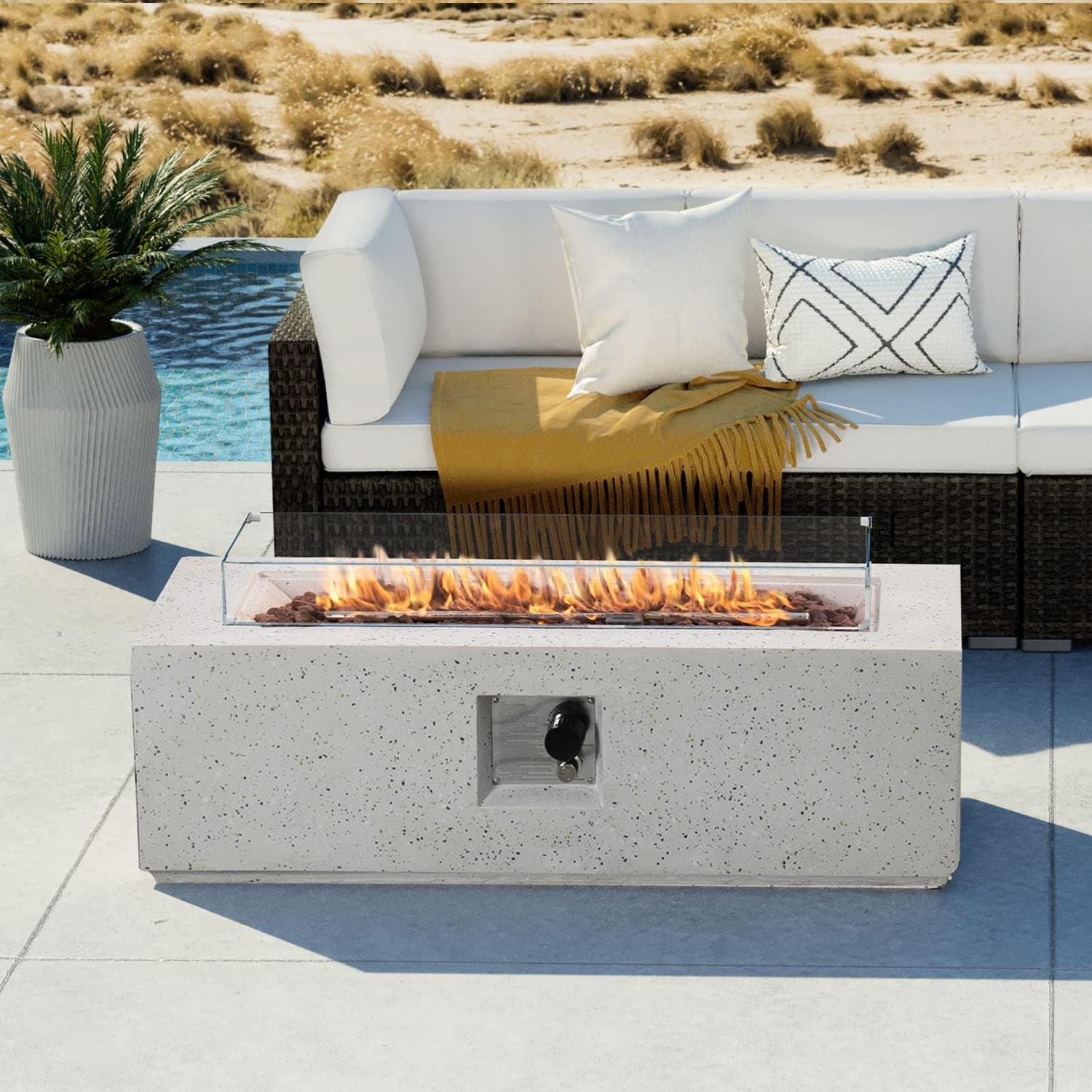COSIEST Outdoor Propane Fire Pit Coffee Table, 42-inch x 13-inch Terrazzo Rectangle Base Patio Heater w Certified, 50,000 BTU Stainless Steel Burner, Wind Guard, Free Lava Rocks and Rain Cover