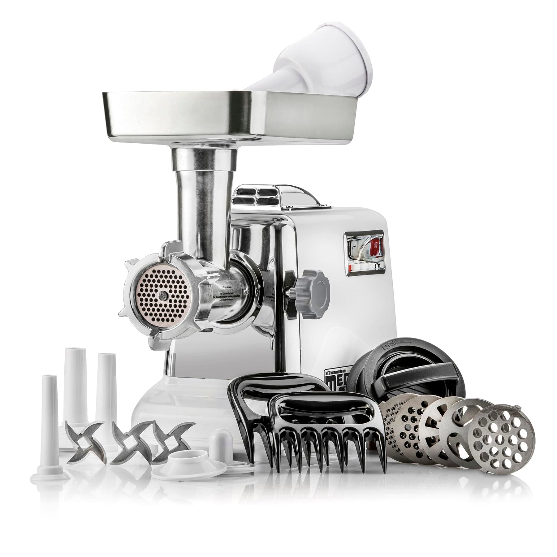 STX INTERNATIONALMegaforce 3000 Series 5-in-1 Electric Meat Grinder | 3000W Max | Air Cooled | 3-Speed | Size #12 | 5 Grinding Plates | Stainless Steel Blades | Sausage Stuffer | Kubbe Maker & More