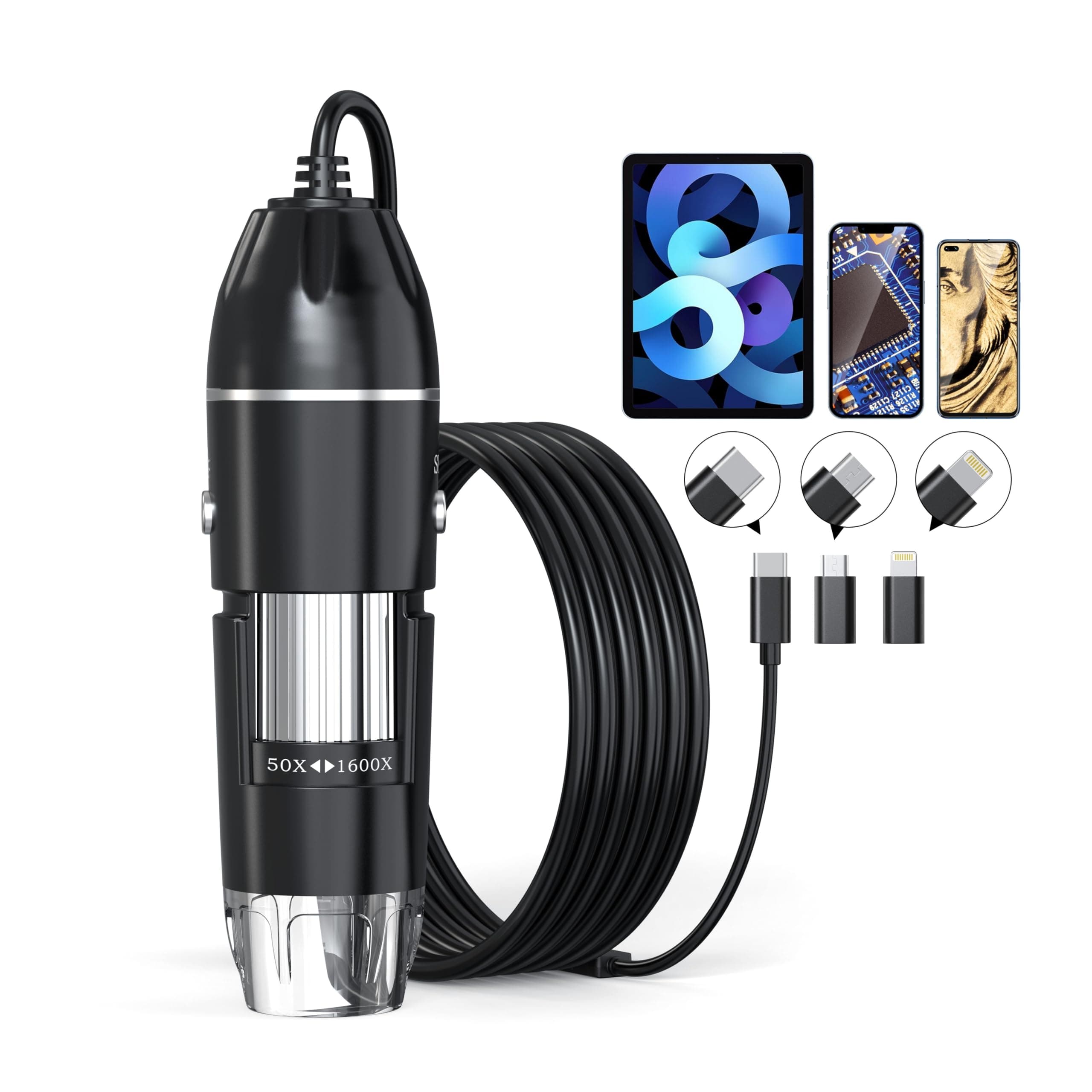 USB Digital Microscope, 50x-1600x Magnification Handheld, 1440P HD 8 LED Lights, Portable Camera Compatible With iOS and Android Devices, 2MP for Adults, Kids