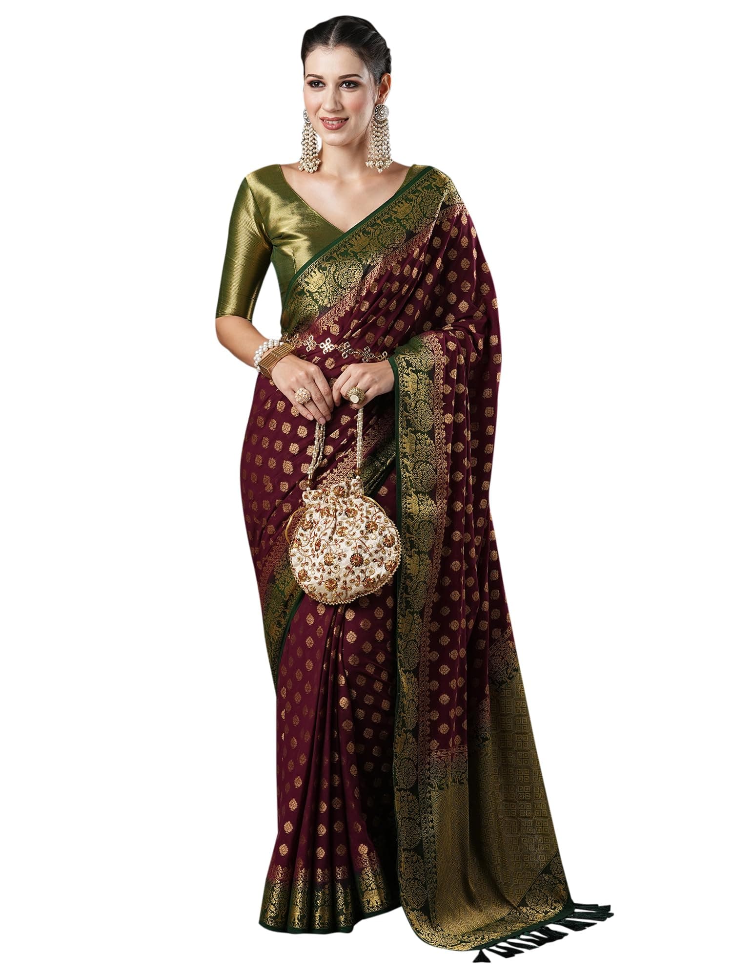 AKHILAM Women's Burgundy Woven Design Georgette Saree With Unstitched Blouse Piece, Burgundy, One Size
