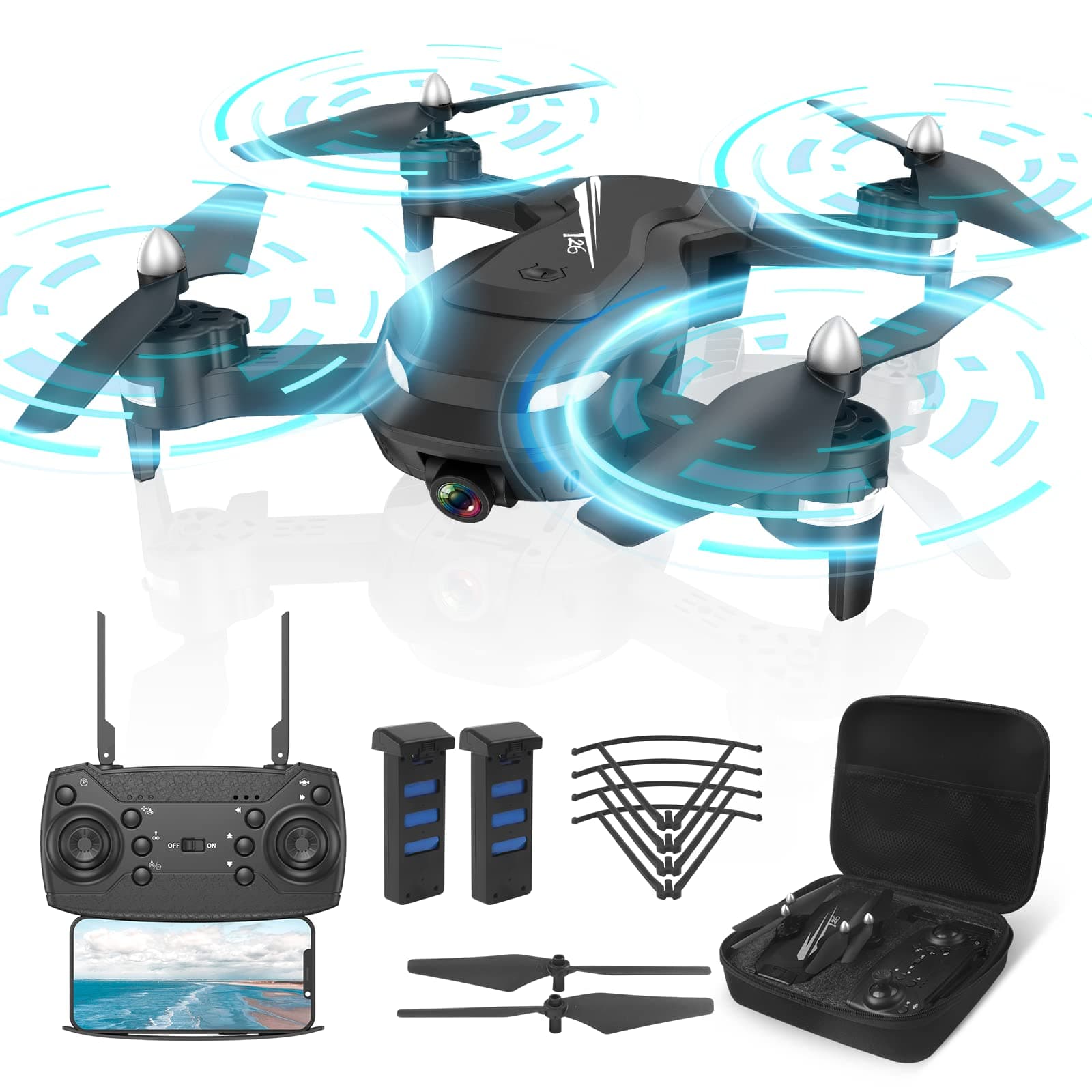 T26 Drone, Adults and Teenager Foldable Remote RC HD 1080P Quadcopter FPV Wifi Transmission Phone control with 2 Batteries