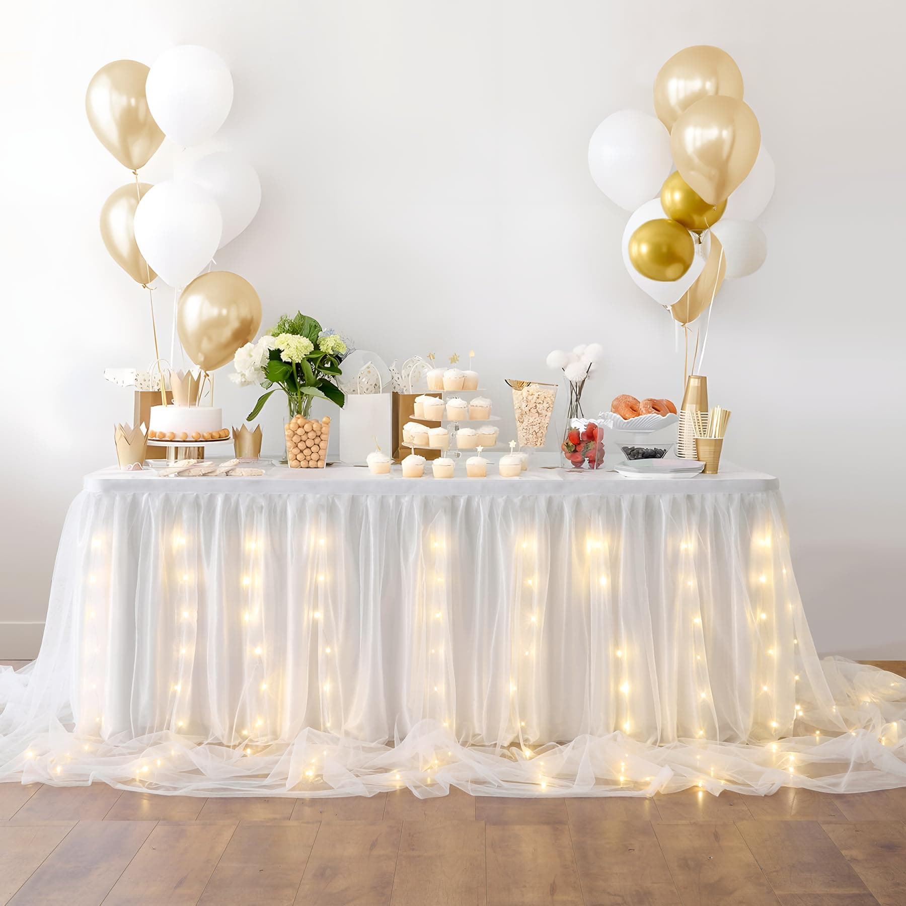 White Tulle Tutu Table Skirt for Baby Shower Wedding,Birthday Party,LED Rectangle or Round Tablecloth for Gender Revel or Baptism (14 ft table skirt), L 14(ft)xH 30in
