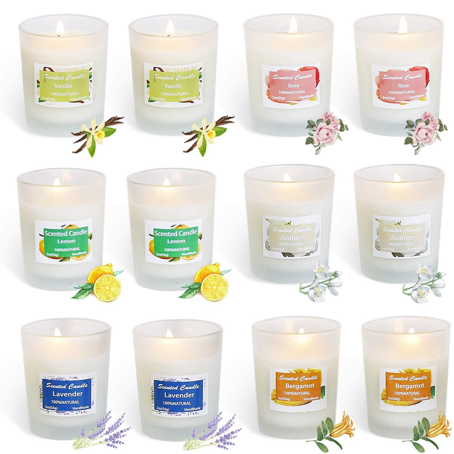 HELLY Soy Candle Strong Scented Candles - Aromatherapy Candles Long Lasting Candles White Frosted Glass Jar Candle (Lemon, Lavender, Rose ,Jasmine,Vanilla,Bergamot) -12 Pack